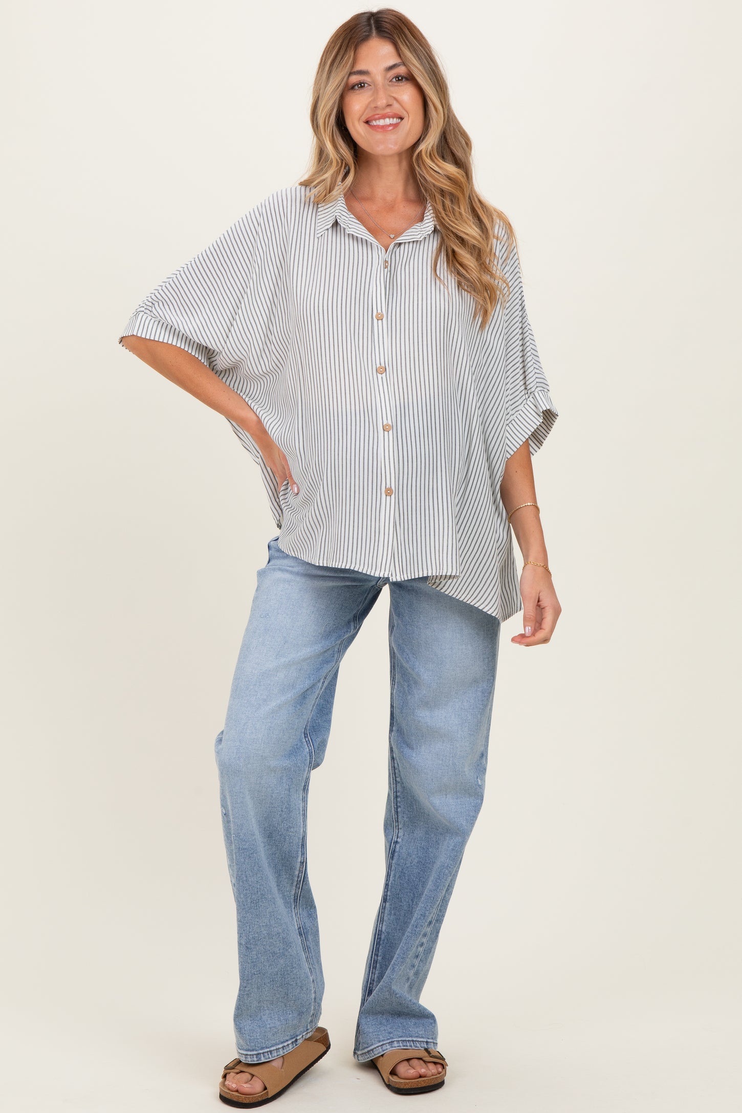 Black Striped Boxy Button Down Maternity Top
