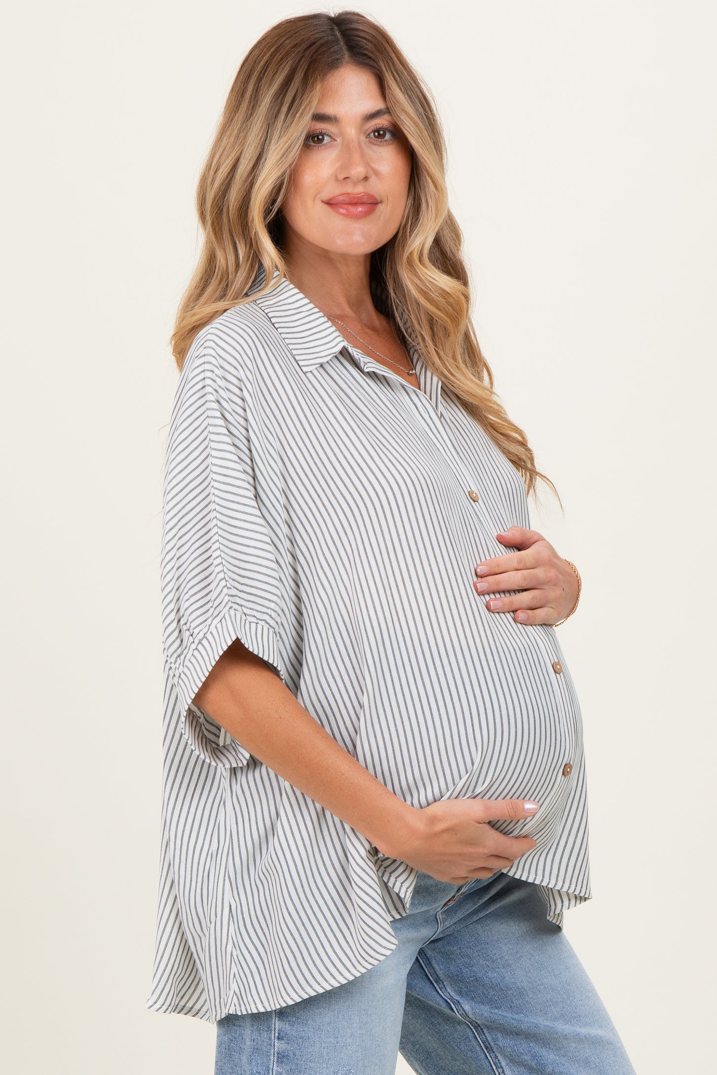 Black Striped Boxy Button Down Maternity Top