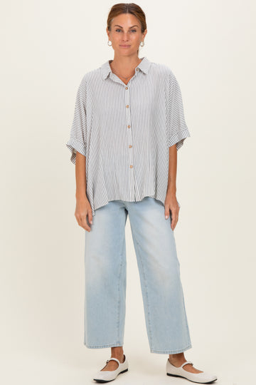 Black Striped Boxy Button Down Top