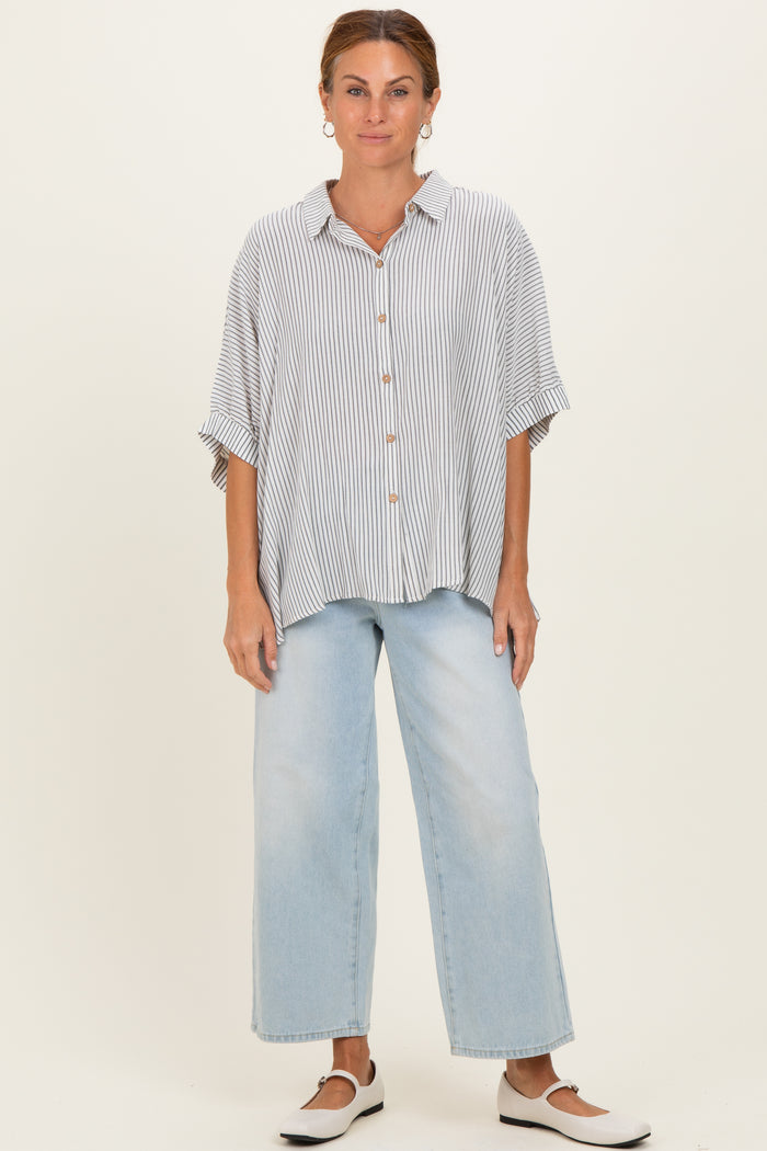 Black Striped Boxy Button Down Top