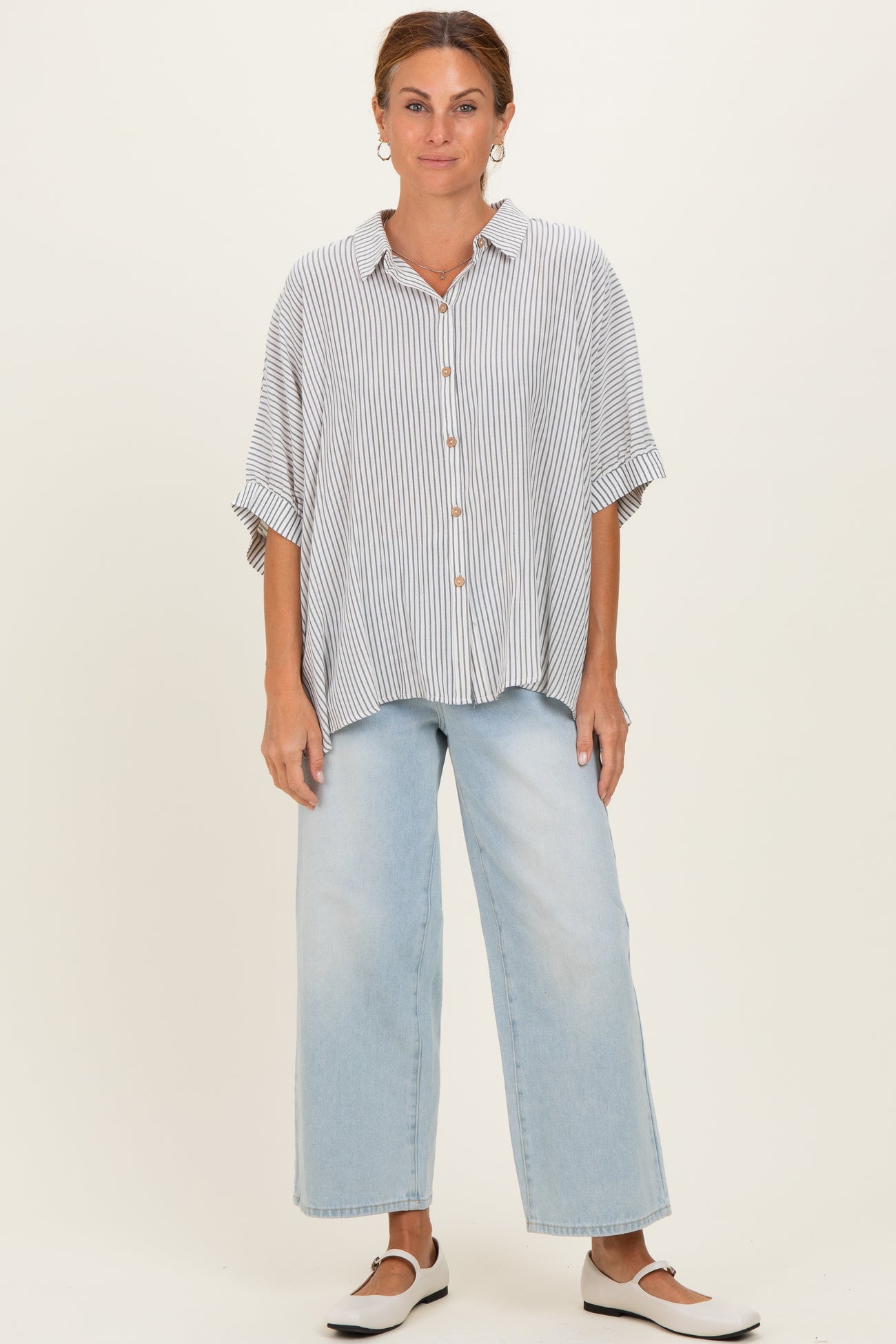 Black Striped Boxy Button Down Top