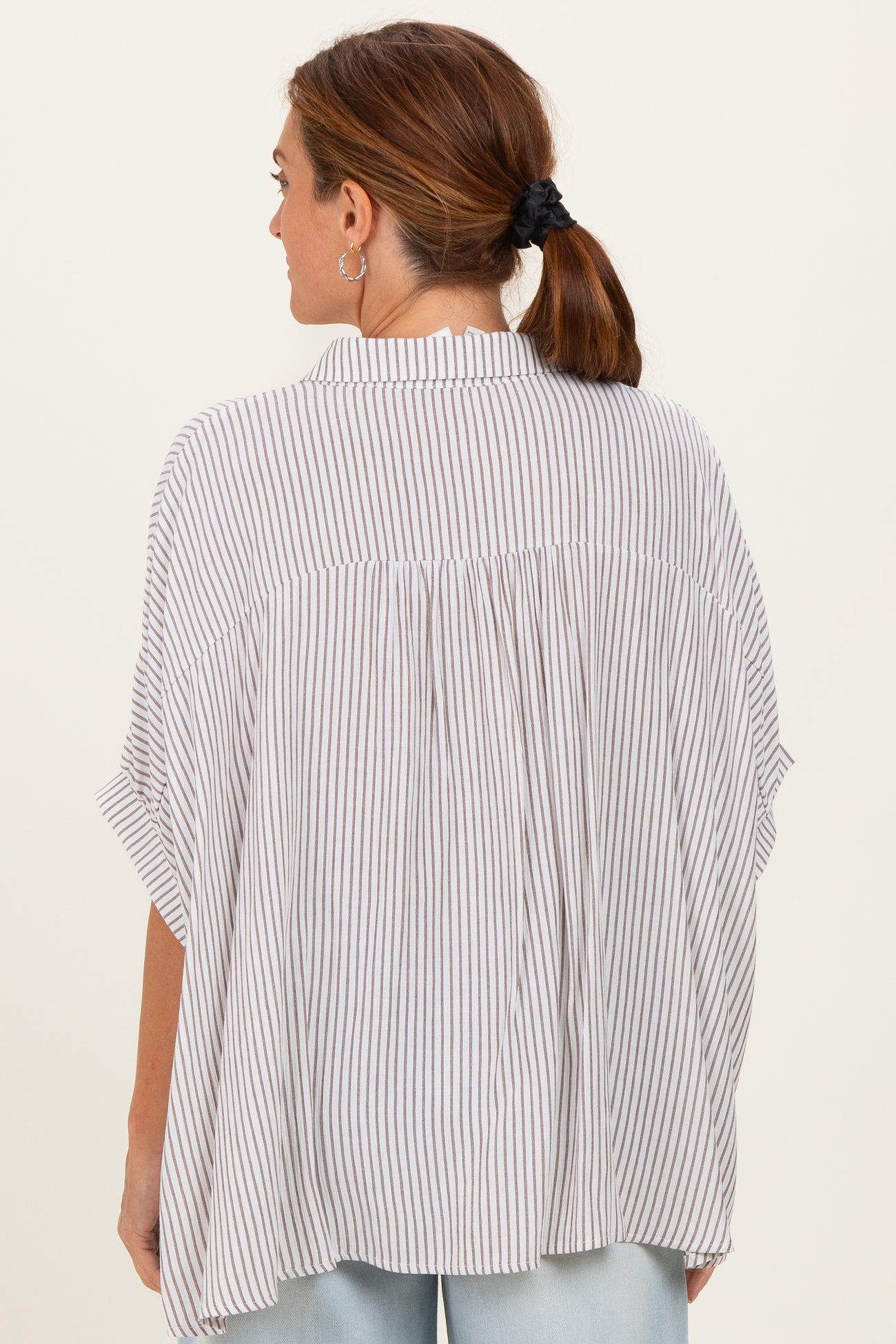 Brown Striped Boxy Button Down Top