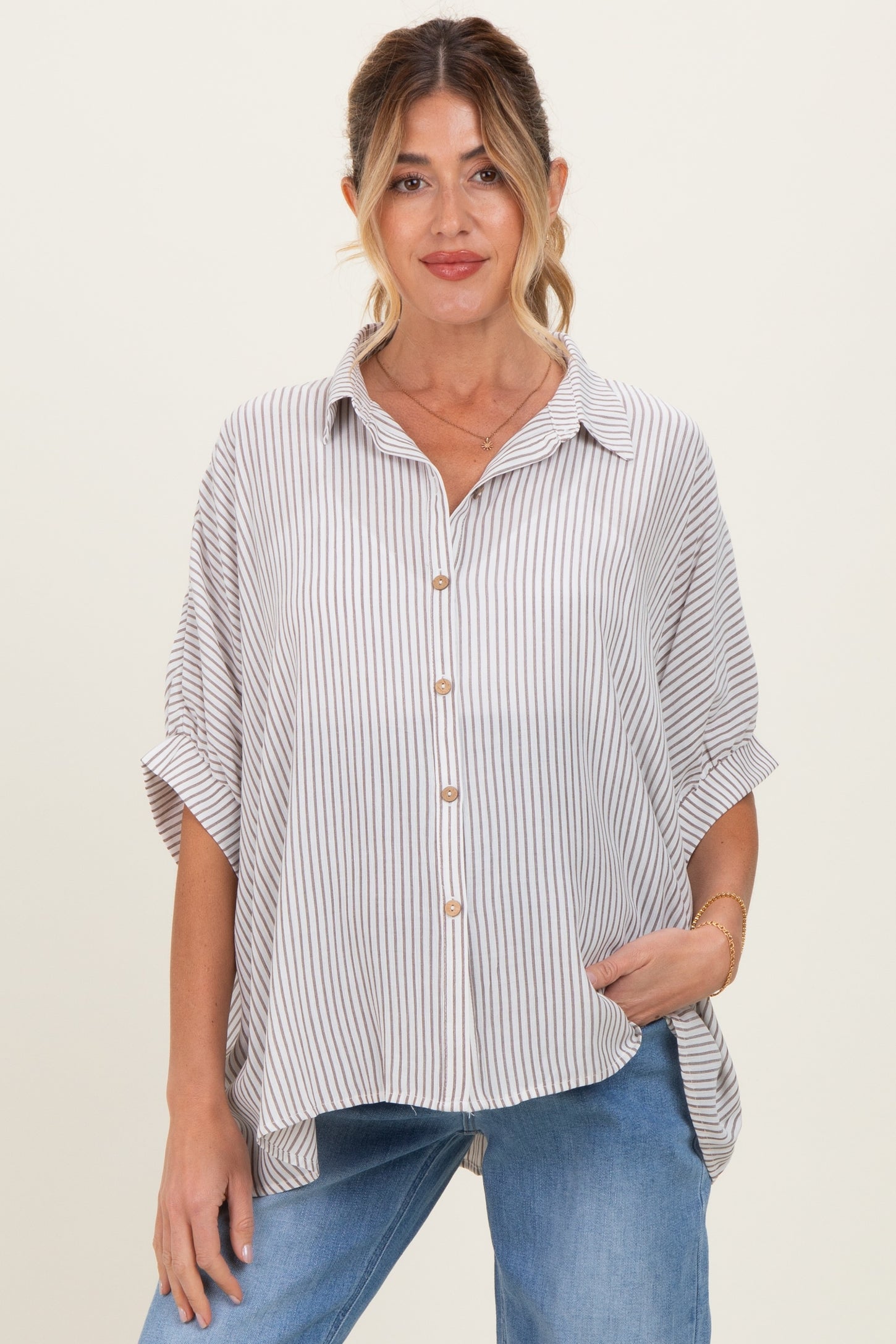 Brown Striped Boxy Button Down Maternity Top