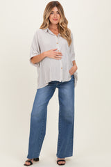 Taupe Striped Boxy Button Down Maternity Top