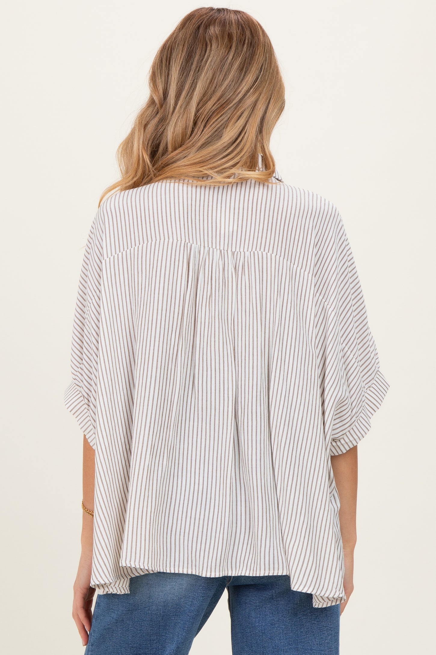 Taupe Striped Boxy Button Down Maternity Top