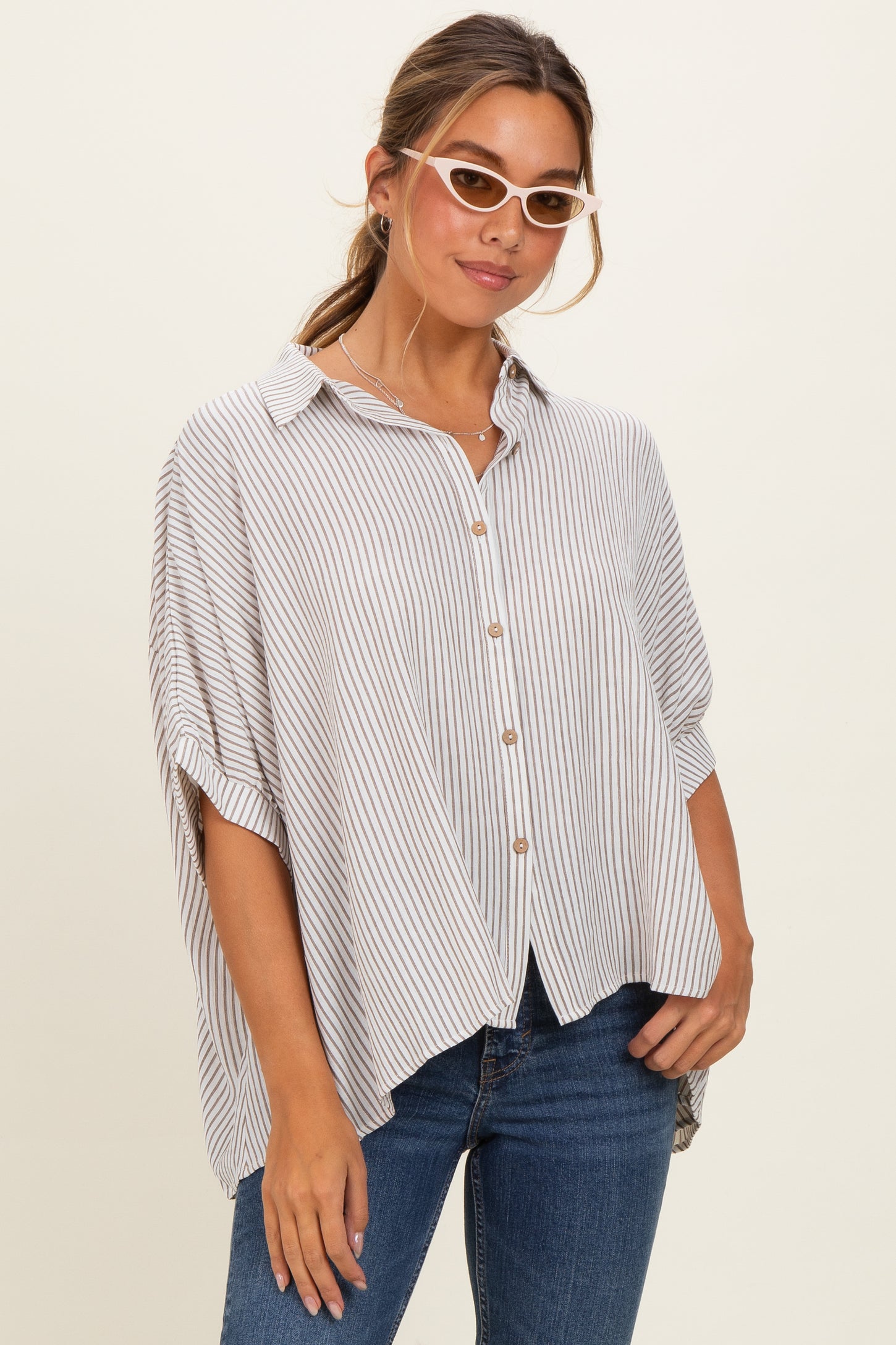 Taupe Striped Boxy Button Down Top