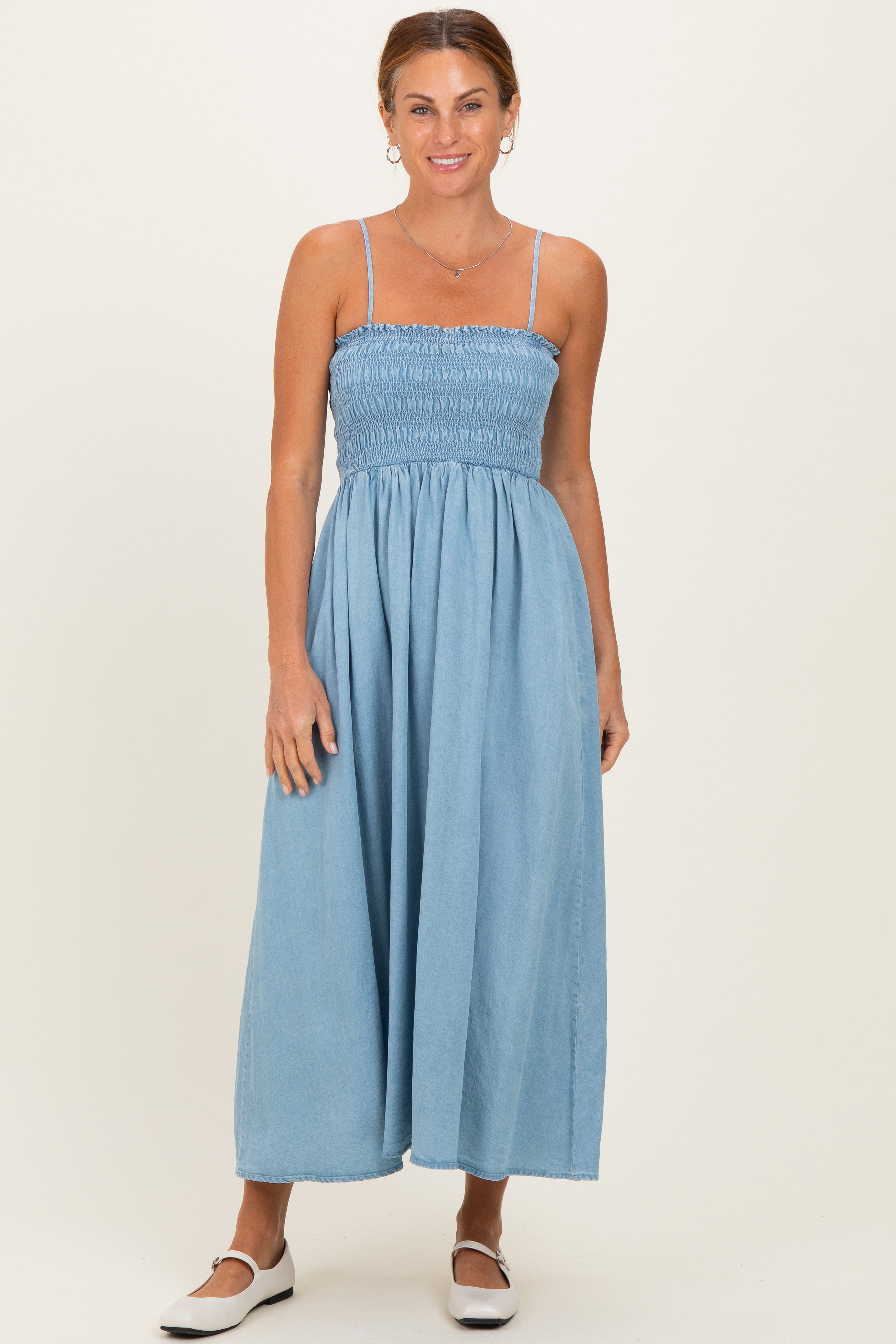 smocked chambray dress Sweet Moment Midi in Dark Wash to when you want something feminine but still a little bit cool Treasure & Bond Smocked Waist