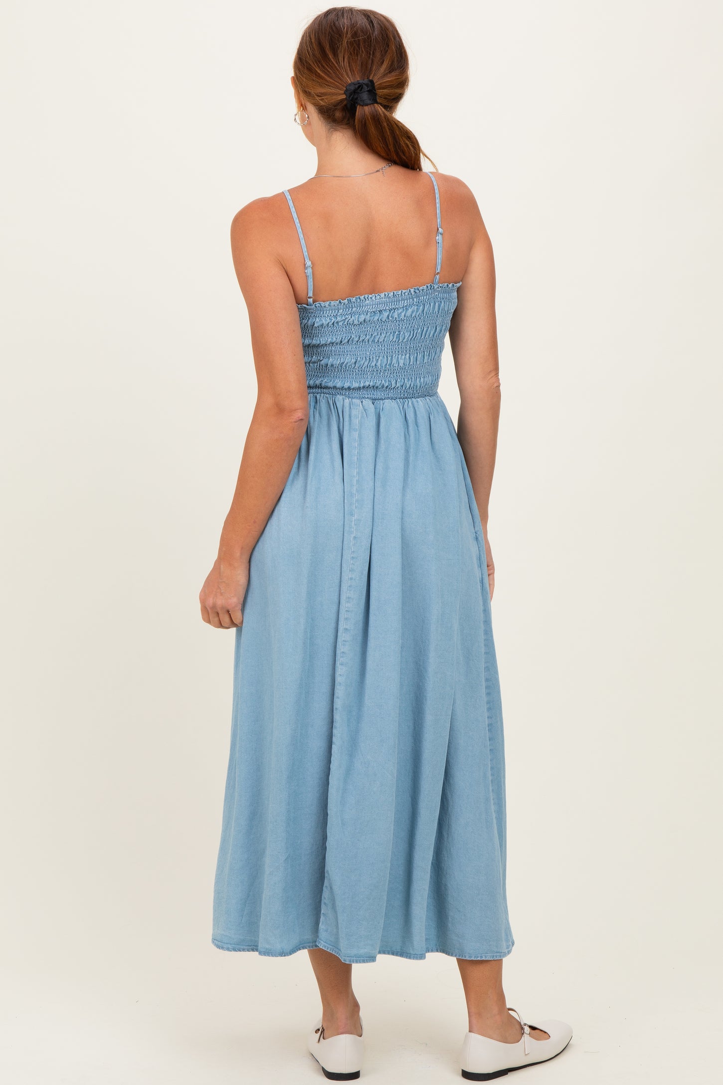 smocked chambray dress Sunshine Lover by Blu Pepper Summer Denim Dress / S puff sleeves Light Chambray Smocked Midi Dress