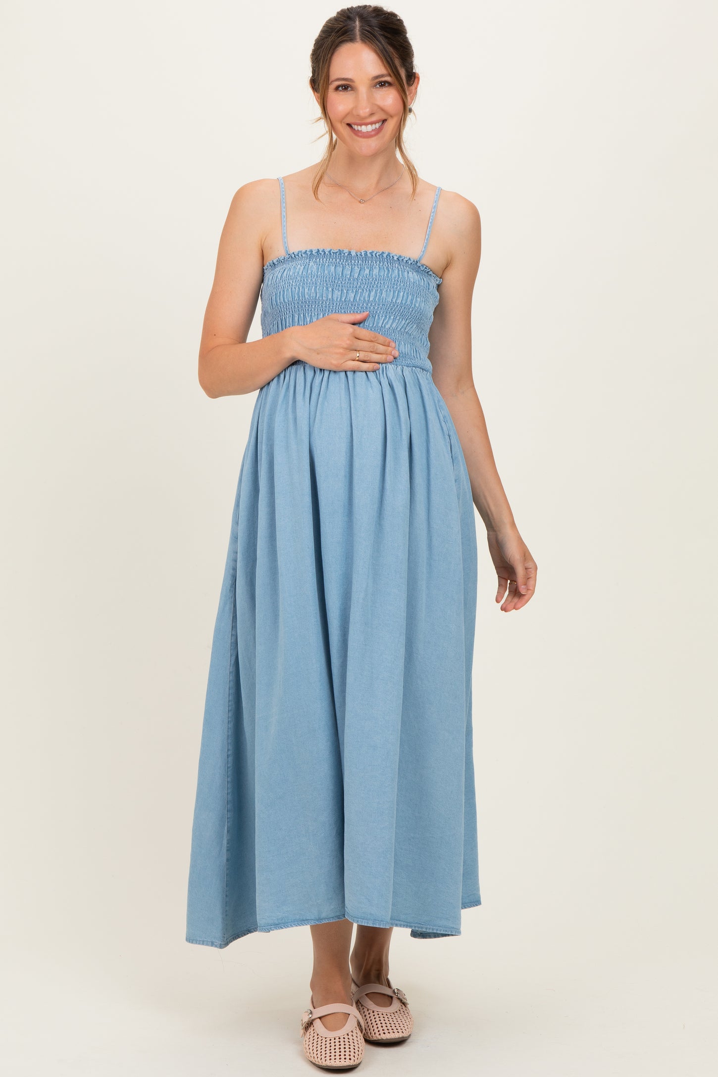 Light Chambray Smocked Maternity Midi Dress Light Chambray Smocked Maternity Midi Dress