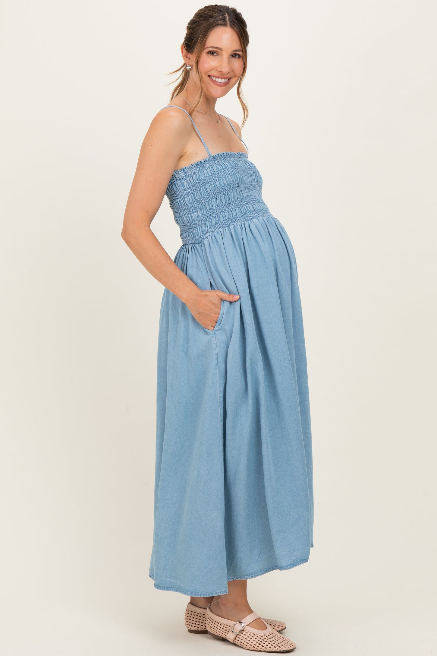 Light Chambray Smocked Maternity Midi Dress