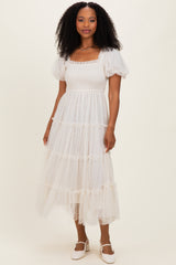 CreamTulle Puff Sleeve Smocked Maternity Midi Dress