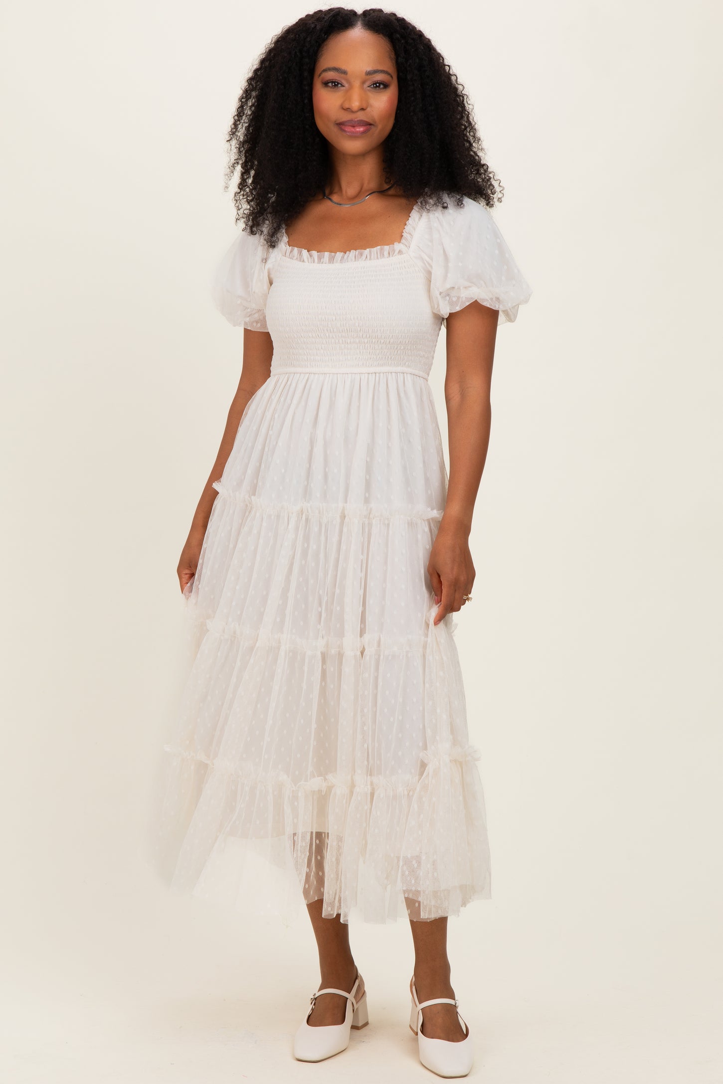Cream Tulle Tulle Puff Sleeve Smocked Midi Dress