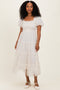 Cream Tulle Tulle Puff Sleeve Smocked Midi Dress