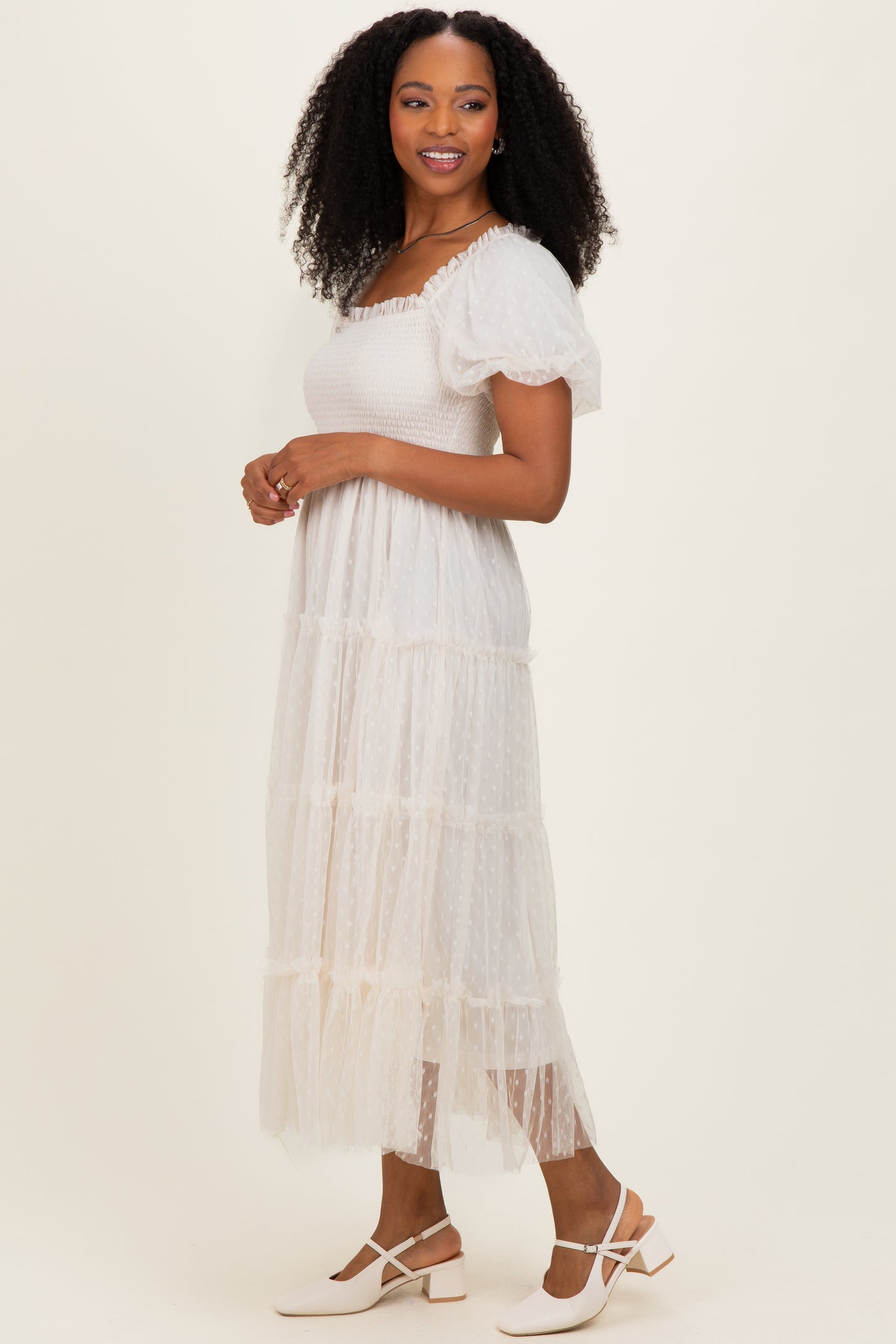 Cream Tulle Tulle Puff Sleeve Smocked Midi Dress
