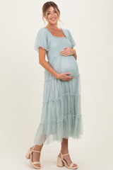 Sage Tulle Puff Sleeve Smocked Maternity Midi Dress
