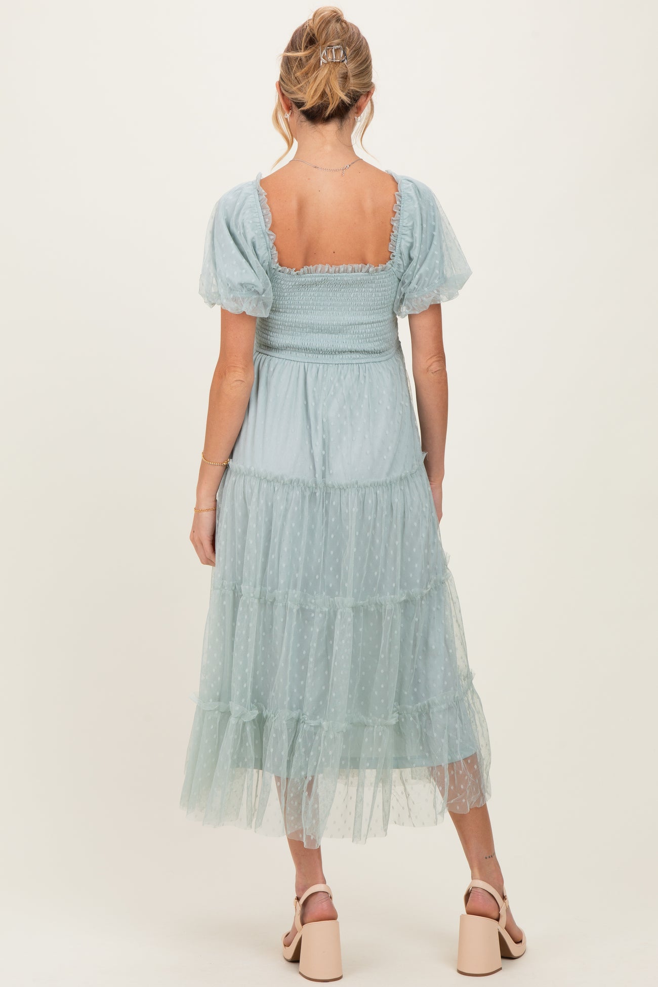 Sage Tulle Puff Sleeve Smocked Maternity Midi Dress
