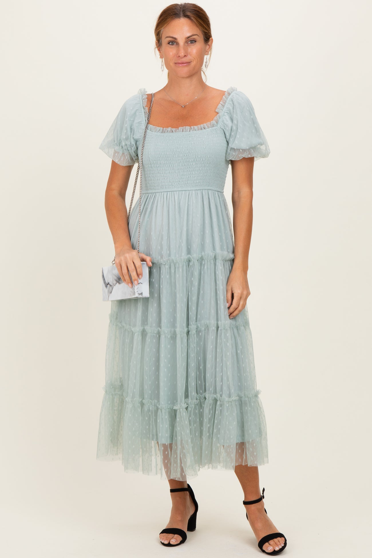 Sage Tulle Tulle Puff Sleeve Smocked Midi Dress