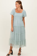 Sage Tulle Tulle Puff Sleeve Smocked Midi Dress