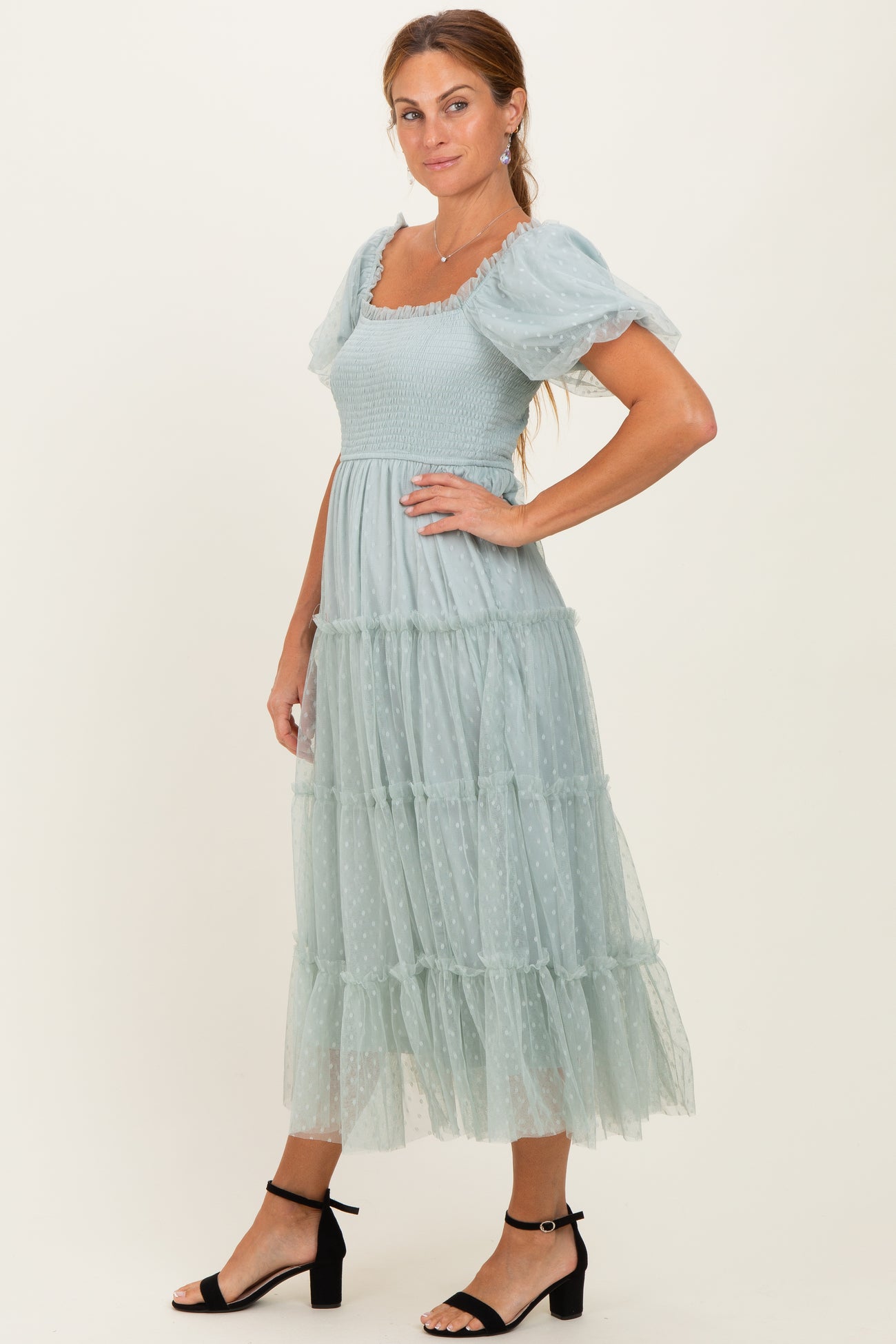Sage Tulle Tulle Puff Sleeve Smocked Midi Dress