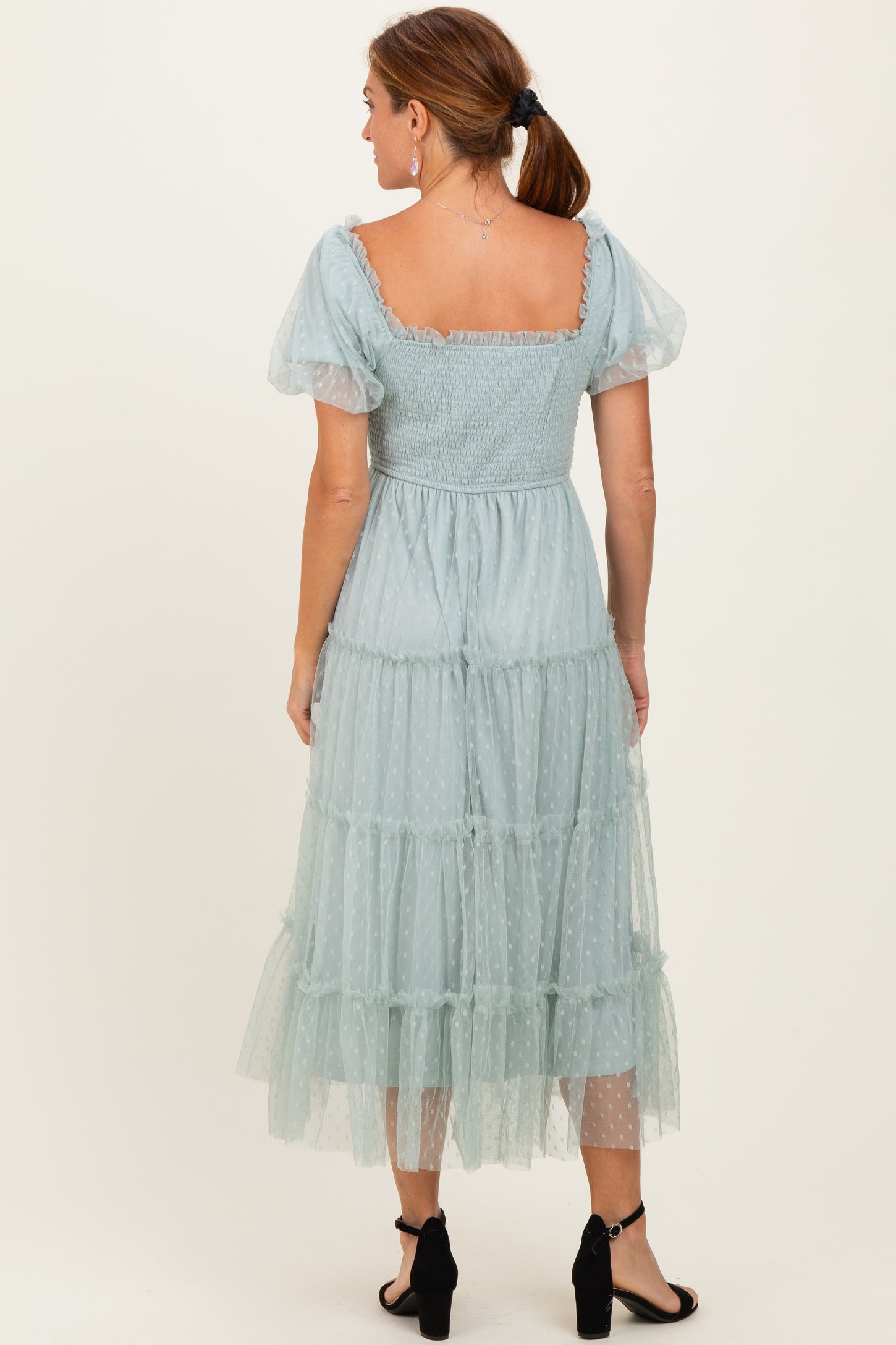 Sage Tulle Tulle Puff Sleeve Smocked Midi Dress