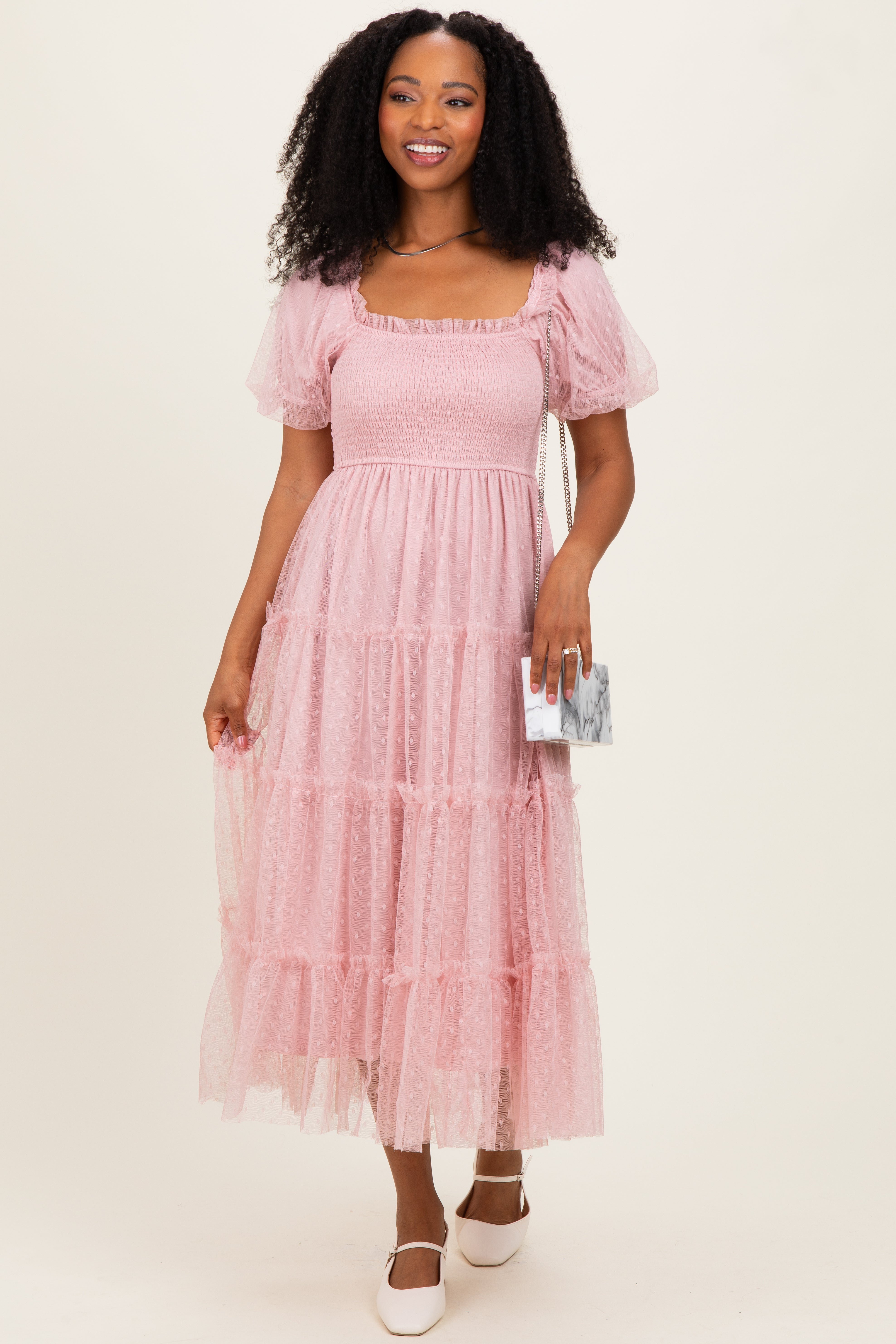 pink puff sleeve tulle dress Pink Tulle Puff Sleeve Princess Party Dress
