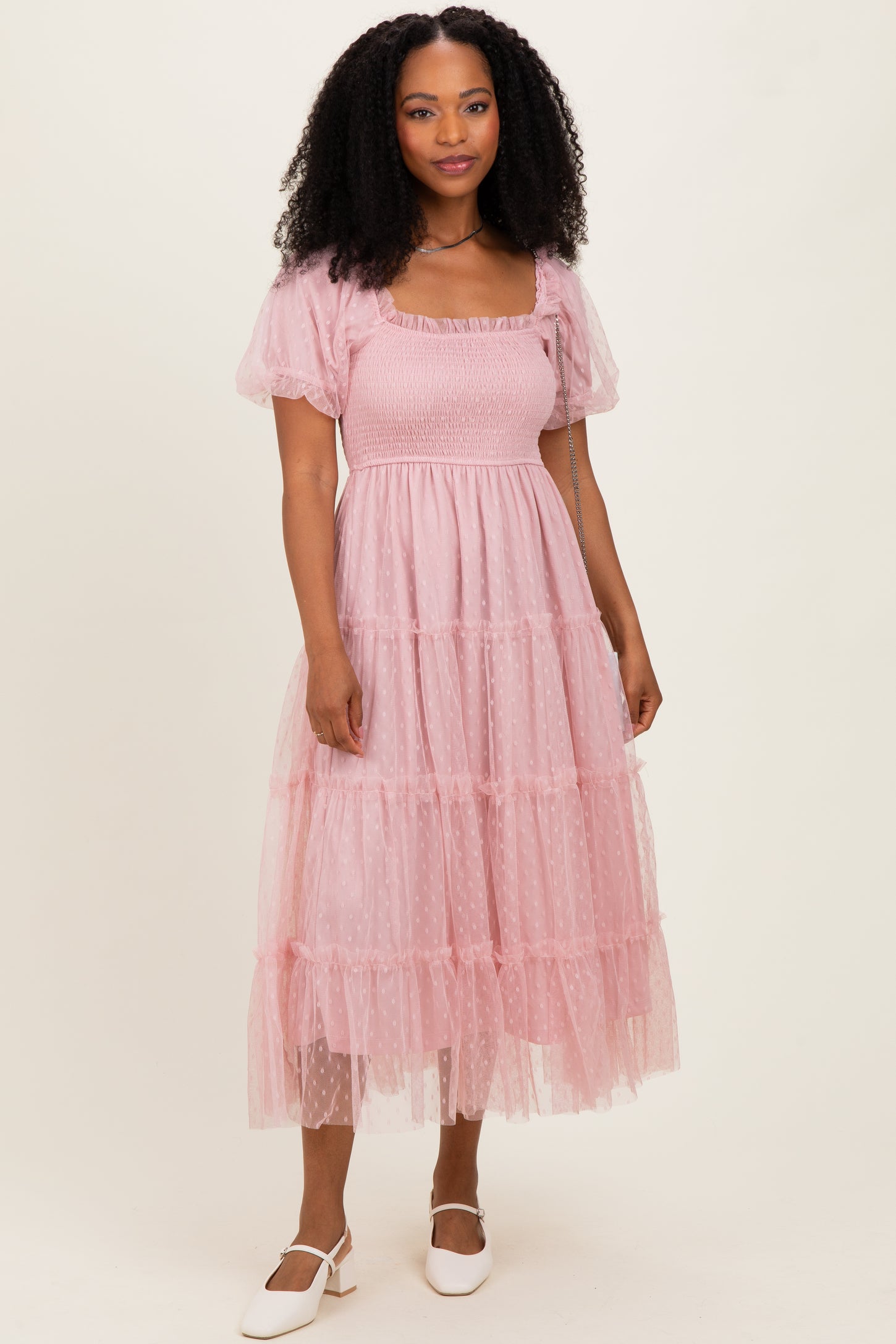pink tulle midi dress Light Pink Tulle Tulle Puff Sleeve Smocked Midi Dress