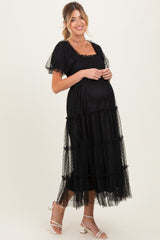 Black Tulle Puff Sleeve Smocked Maternity Midi Dress