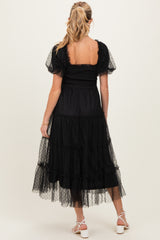 Black Tulle Puff Sleeve Smocked Maternity Midi Dress