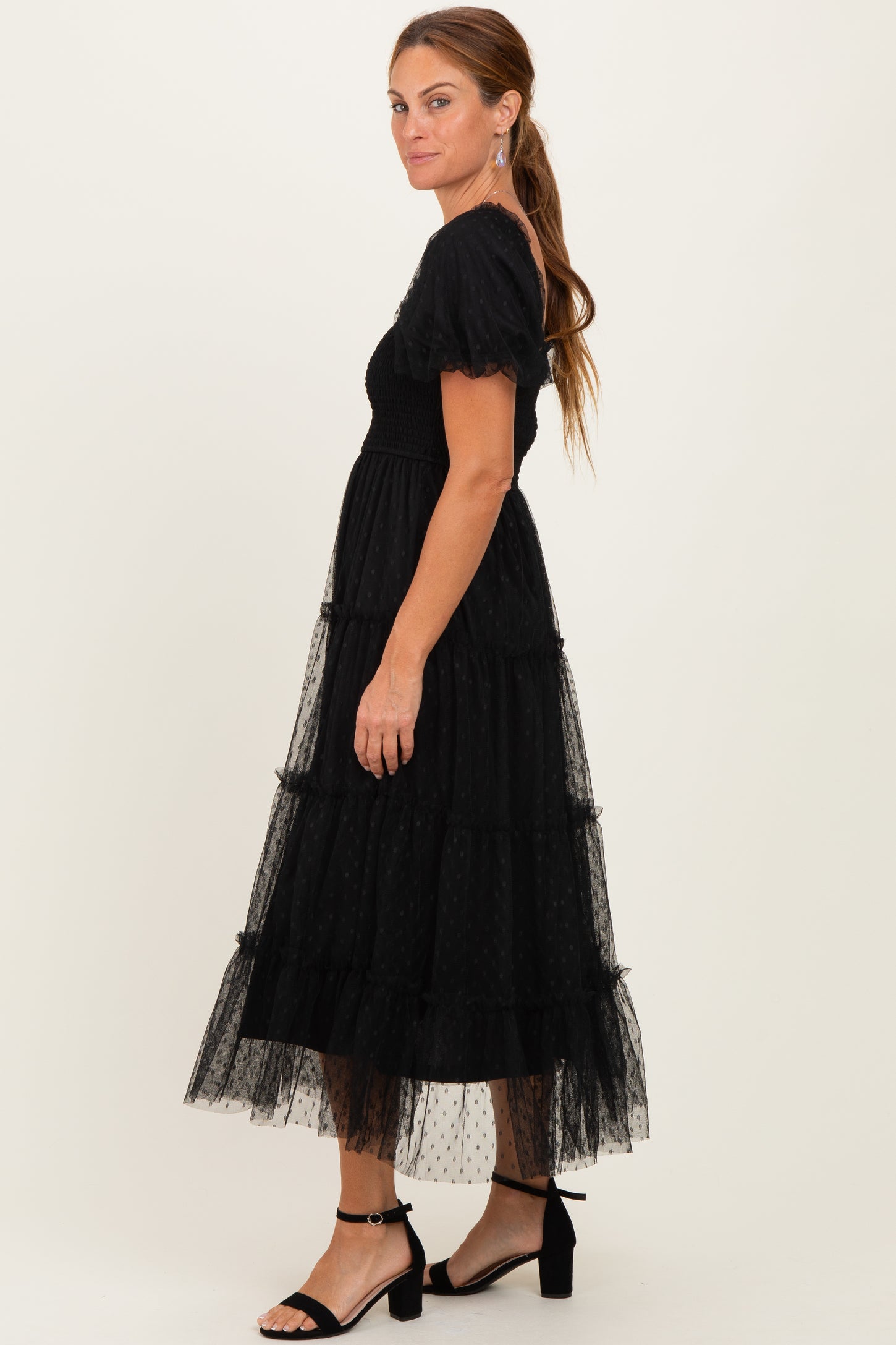 black smocked midi dress Krysta Smocked Midi Dress