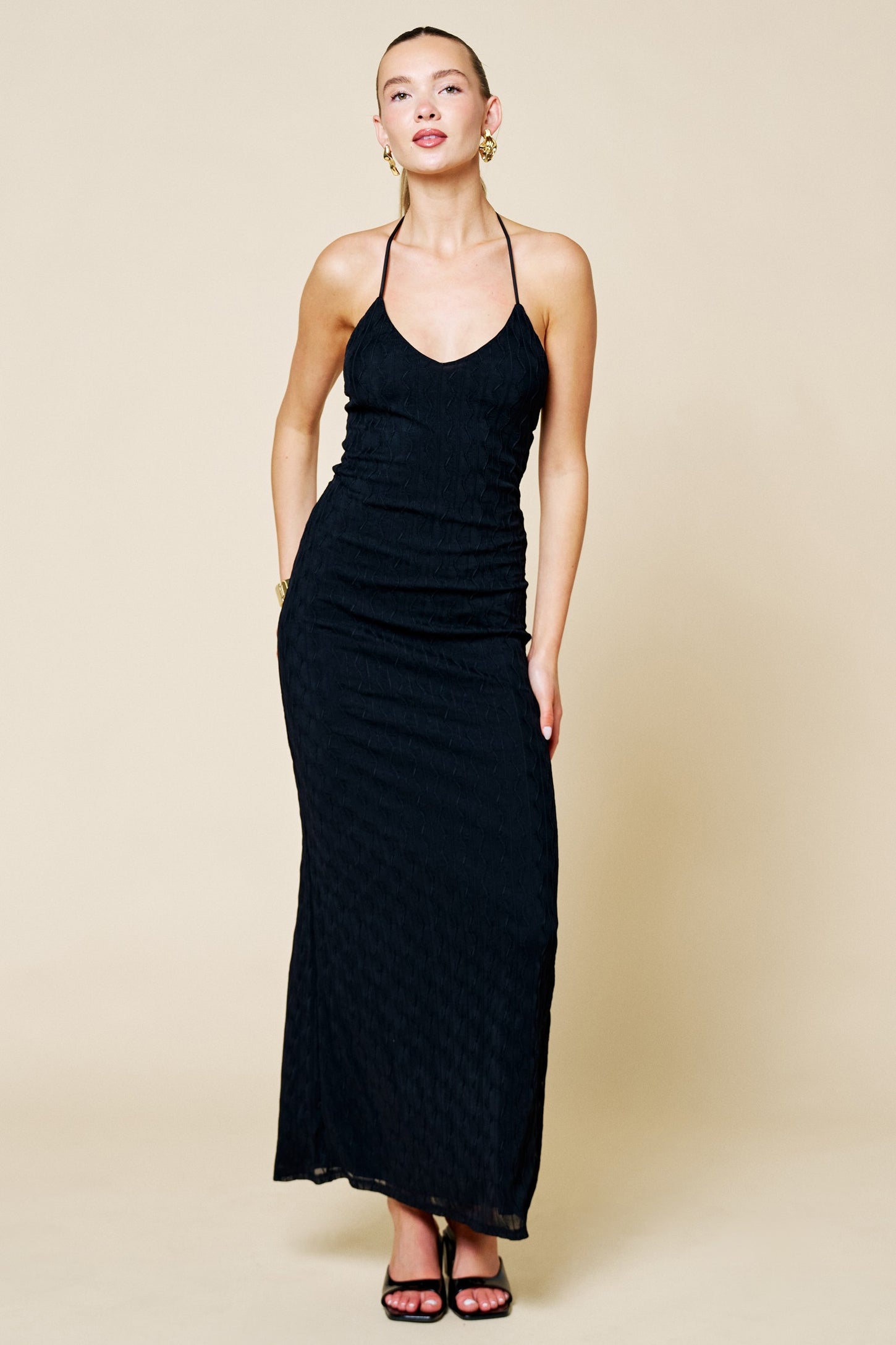 Black Halter Textured Knit Maternity Maxi Dress Black Halter Textured Knit Maternity Maxi Dress