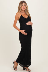Black Halter Textured Knit Maternity Maxi Dress
