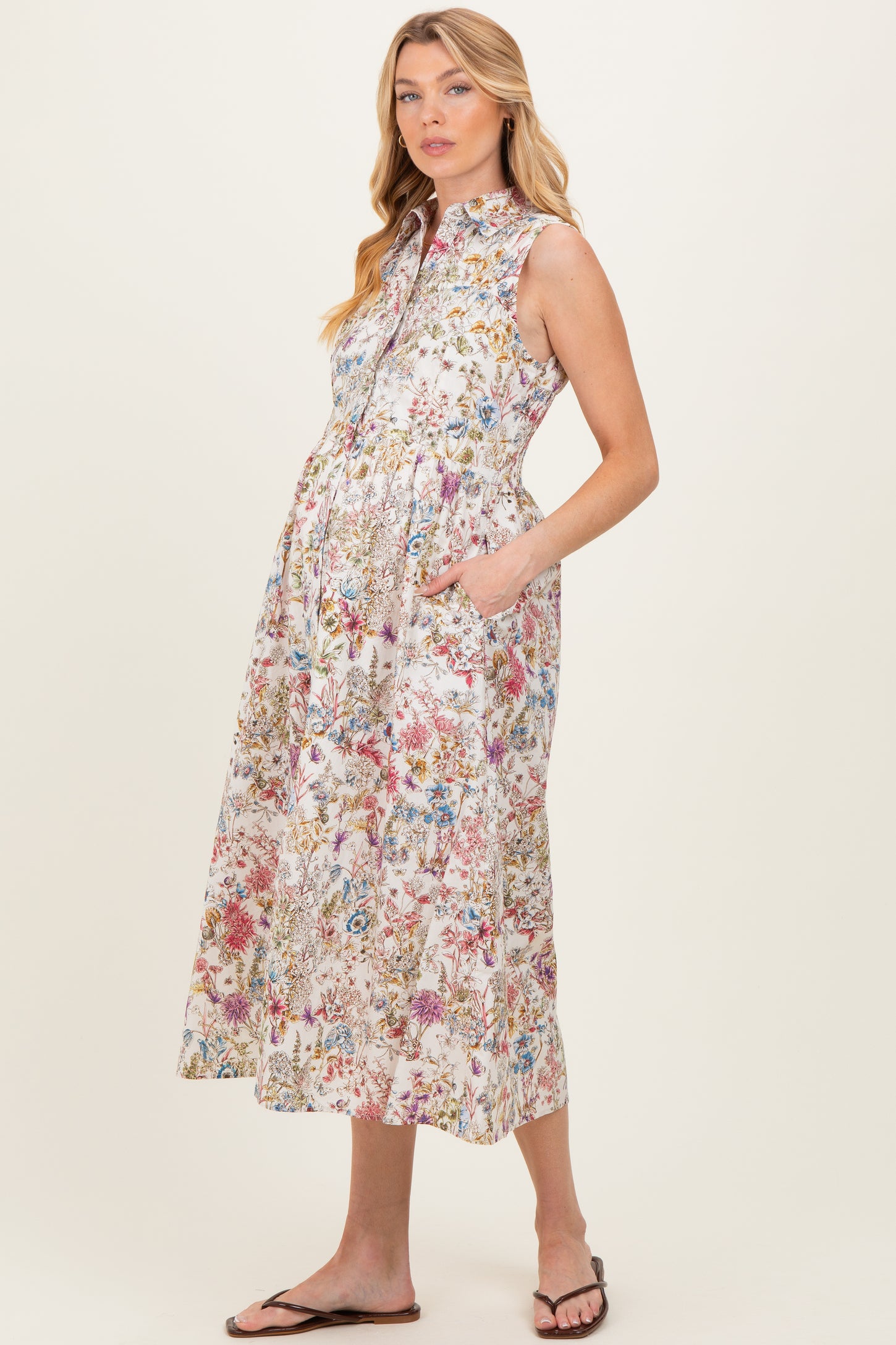 Multicolor Garden Print Sleeveless Maternity Shirt Dress