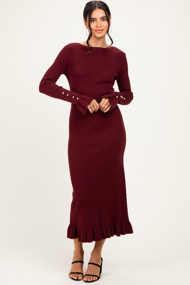 Burgundy Ribbed Knit Bow Back Maternity Maxi Dress