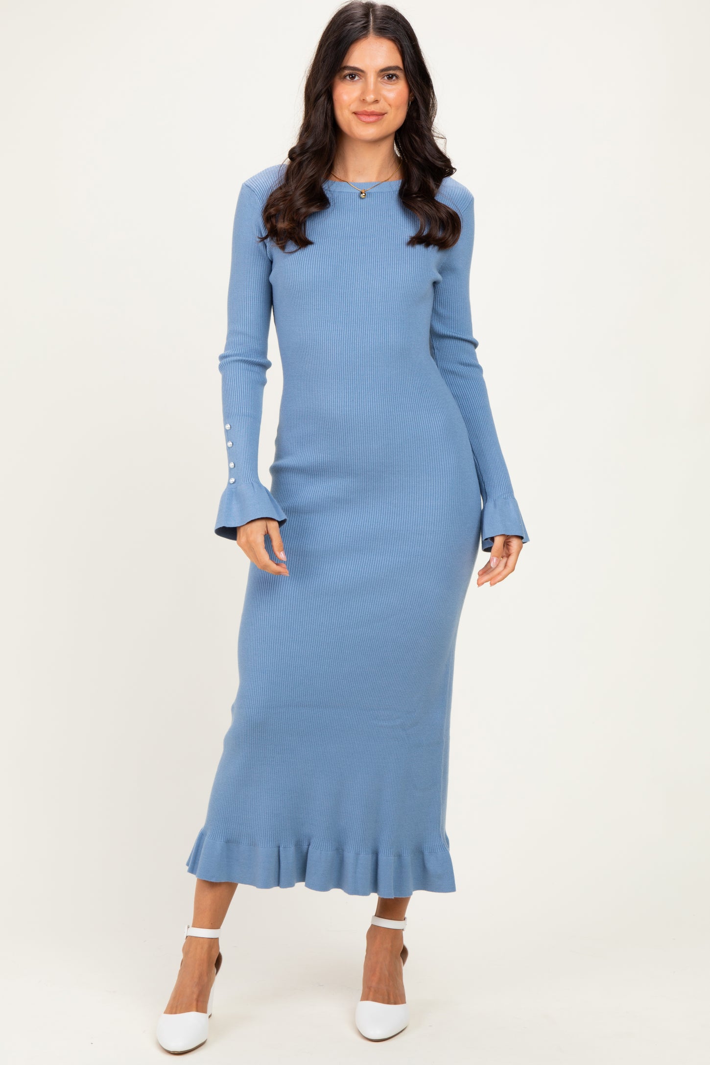 Denim Ribbed Knit Bow Back Maxi Dress – PinkBlush