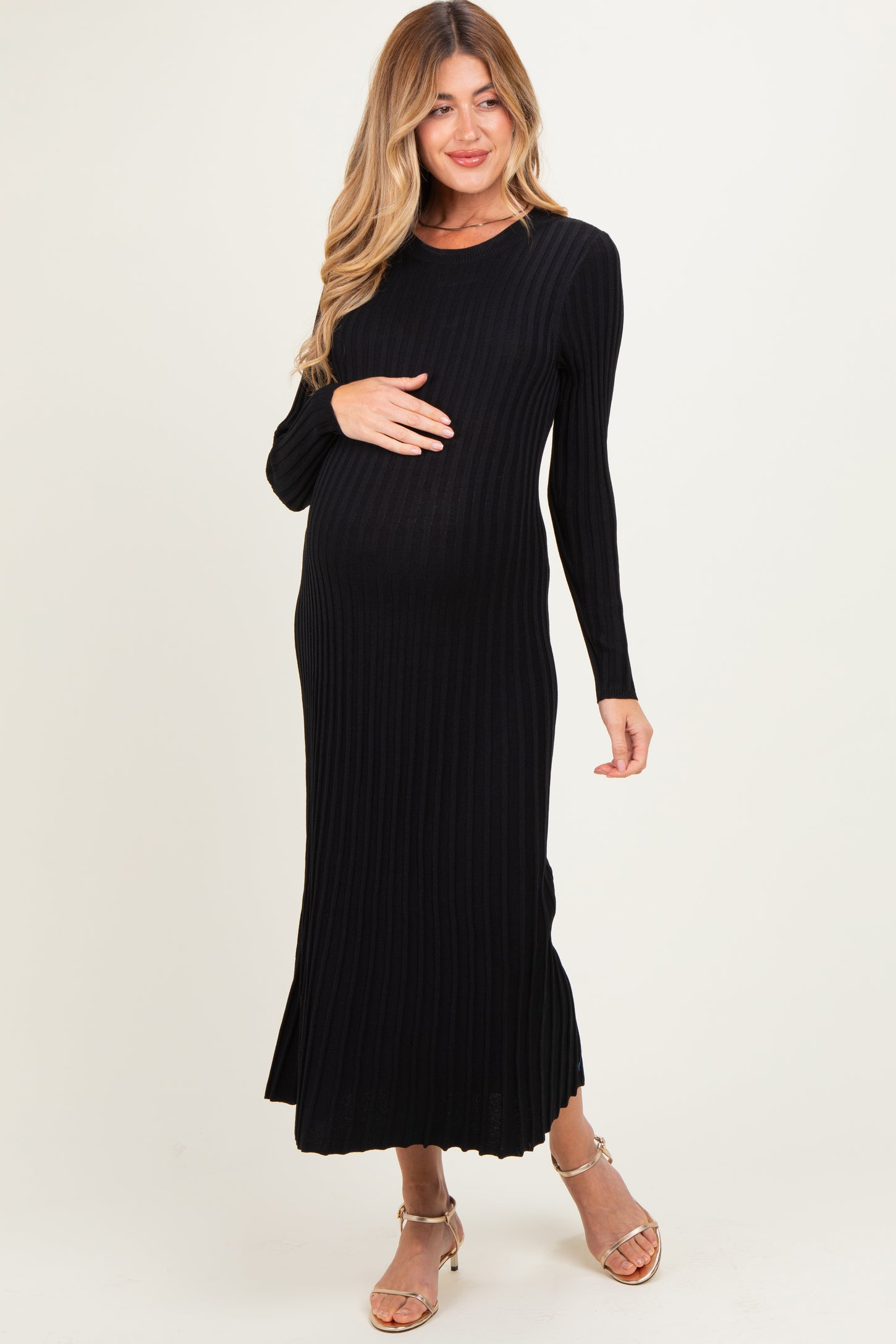 Black Ribbed Long Sleeve Maternity Sweater Midi Dress