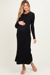 Black Ribbed Long Sleeve Maternity Sweater Midi Dress