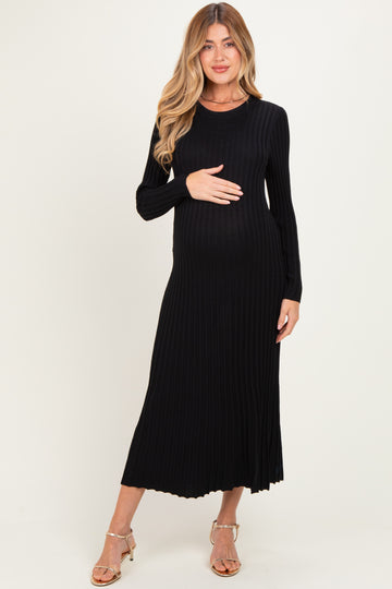 Black Ribbed Long Sleeve Maternity Sweater Midi Dress