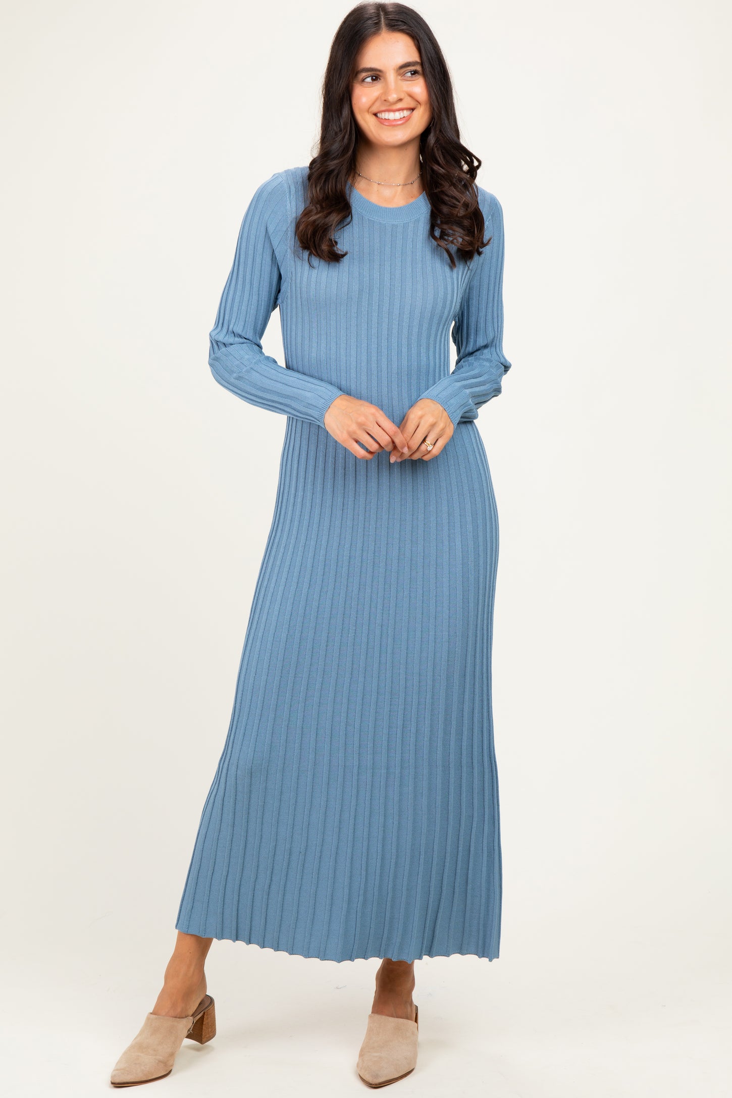 Denim Blue Ribbed Long Sleeve Sweater Midi Dress – PinkBlush