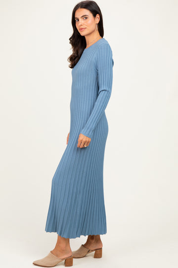 Denim Blue Ribbed Long Sleeve Sweater Midi Dress