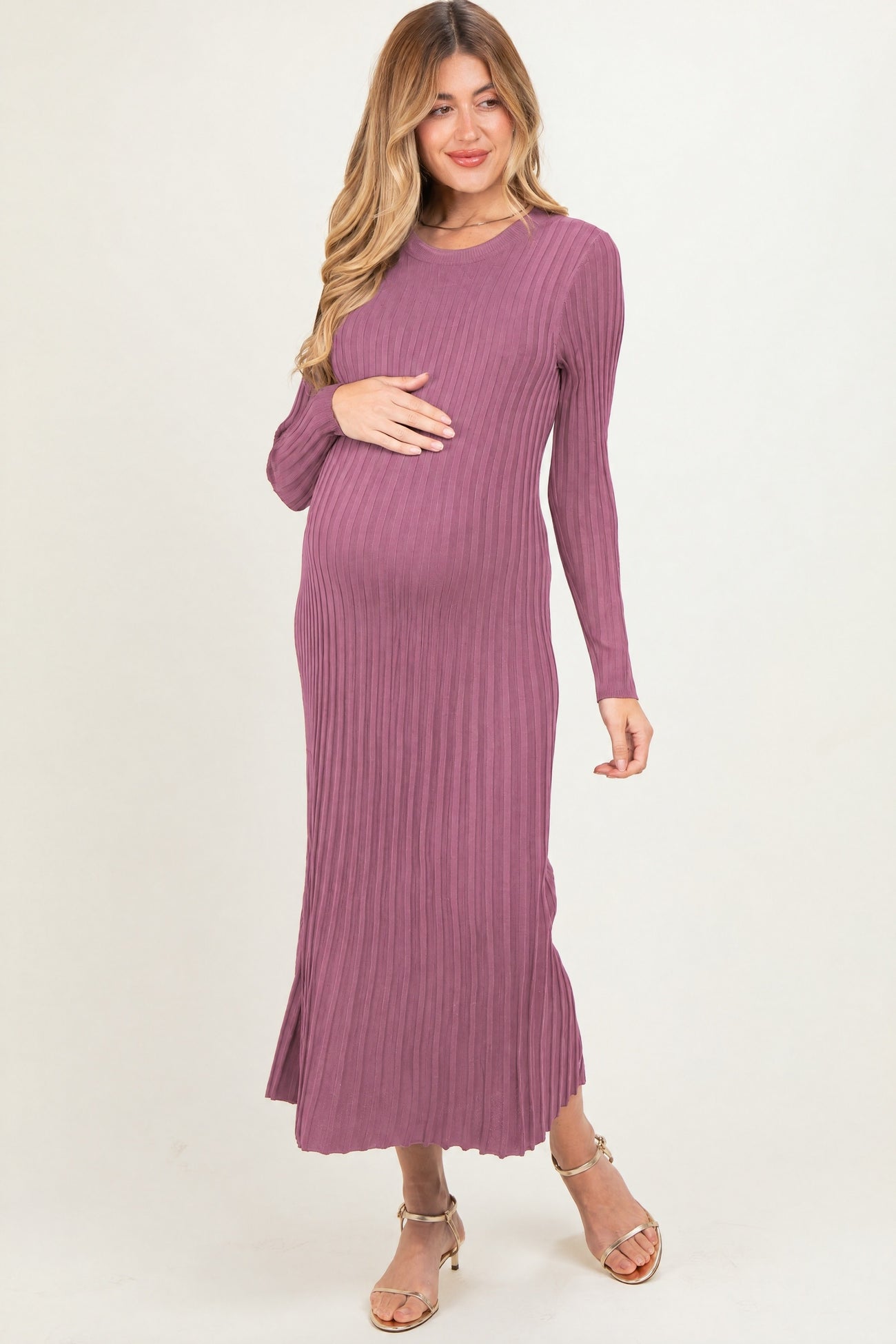 Mauve Ribbed Long Sleeve Maternity Sweater Midi Dress