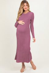 Mauve Ribbed Long Sleeve Maternity Sweater Midi Dress