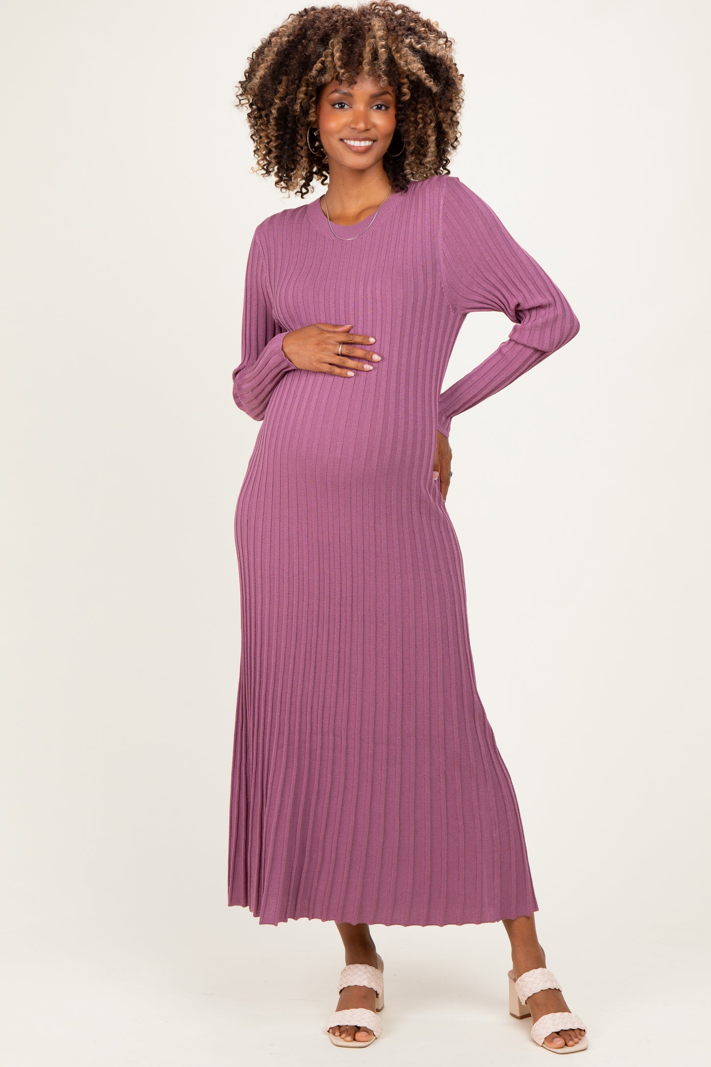 ribbed long sleeve maternity dress PinkBlush Taupe Ribbed Long Sleeve Maternity Wrap Dress Large