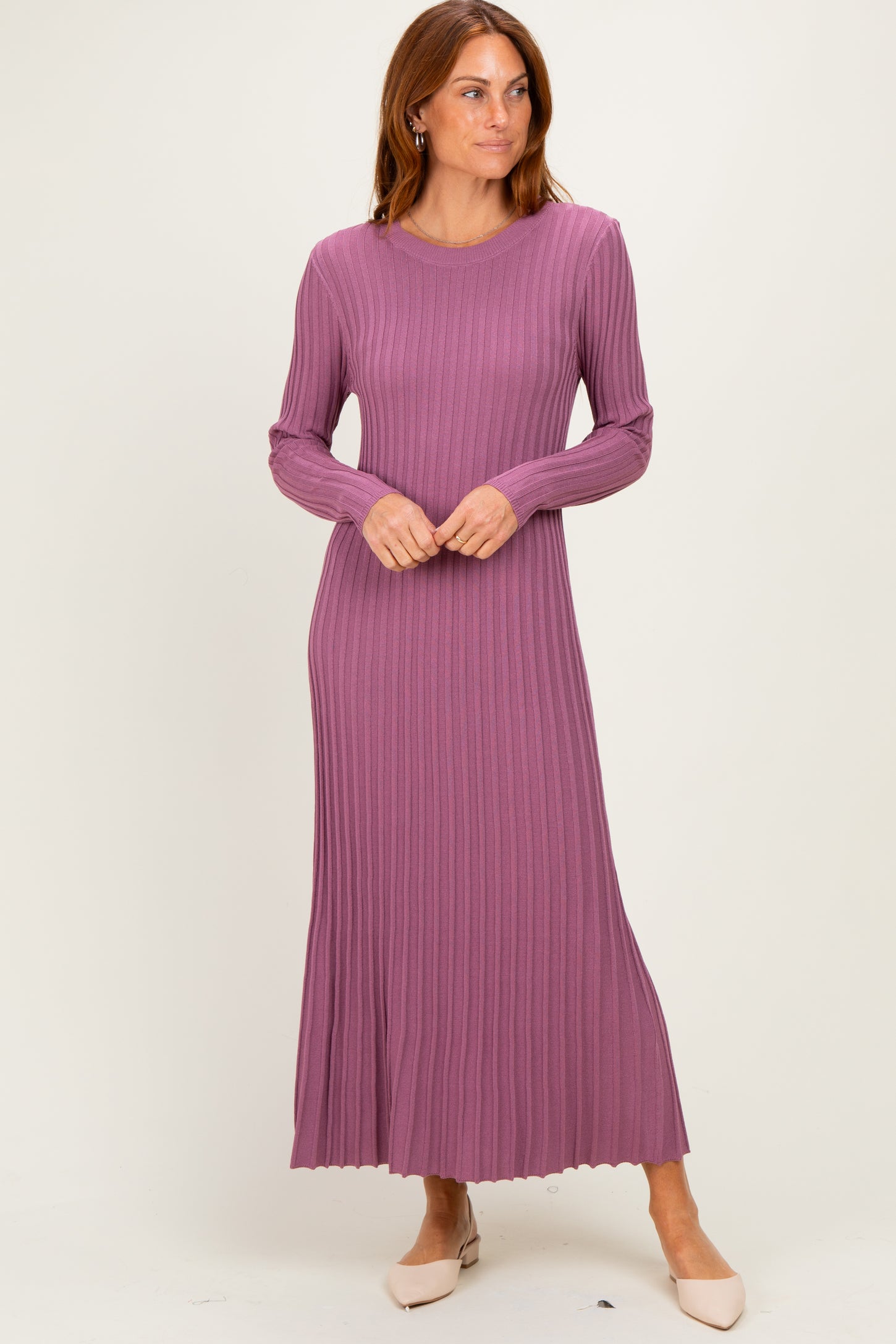 Mauve Ribbed Long Sleeve Sweater Midi Dress