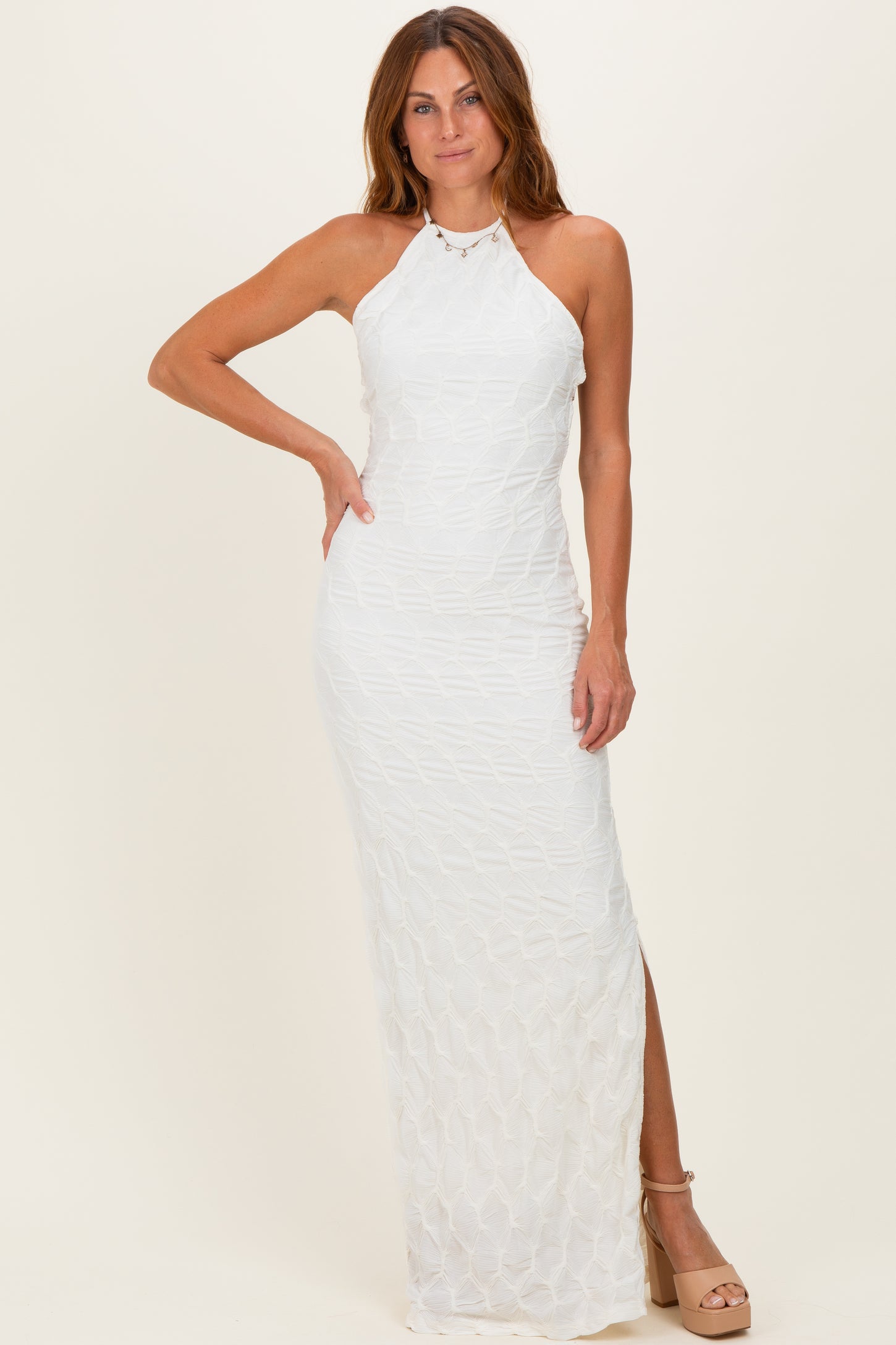 Ivory Halter Open Back Maternity Maxi Dress PinkBlush Ivory Halter Open Back Maternity Maxi Dress PinkBlush
