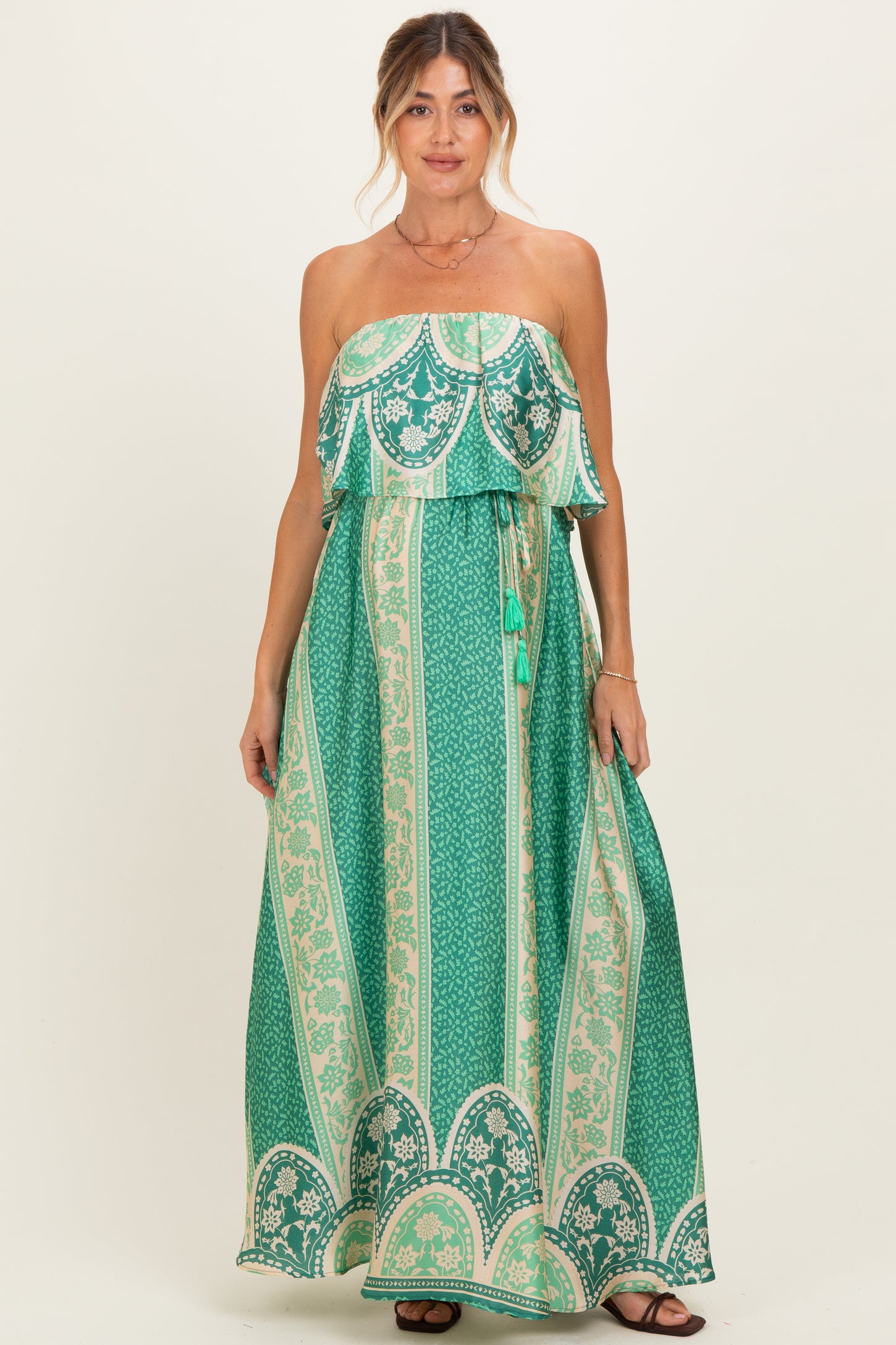 Green Printed Satin Flounce Strapless Maternity Maxi Dress  PinkBlush