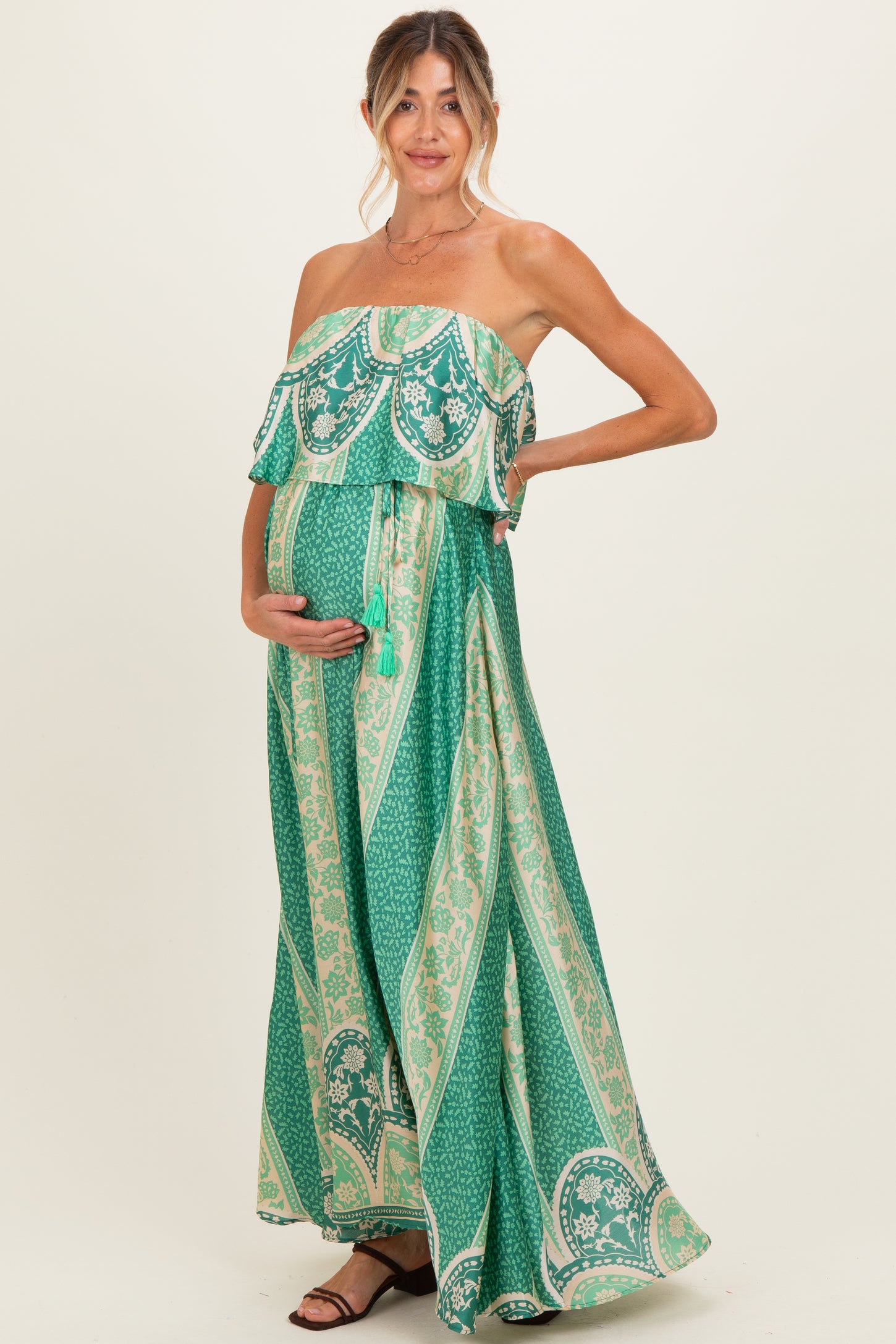 Green Printed Satin Flounce Strapless Maternity Maxi Dress PinkBlush Green Printed Satin Flounce Strapless Maternity Maxi Dress PinkBlush