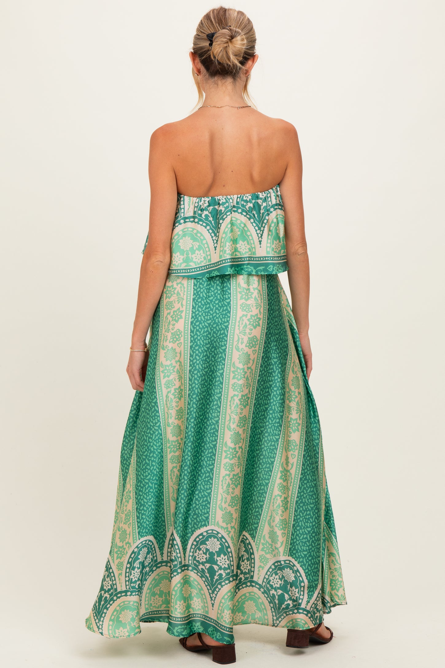 Green Printed Satin Flounce Strapless Maternity Maxi Dress – PinkBlush