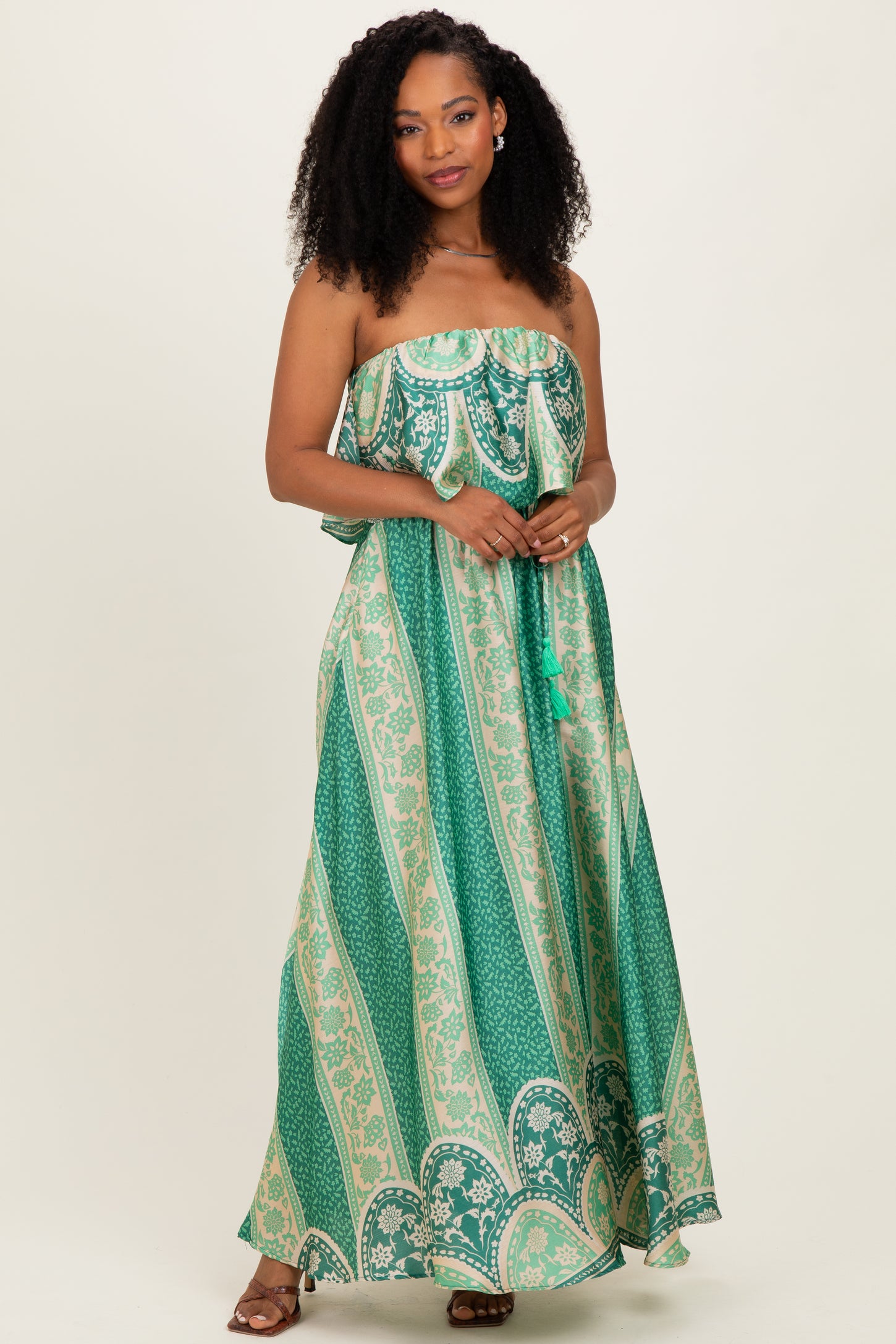 strapless green maxi dress Green Printed Satin Flounce Strapless Maternity Maxi Dress – PinkBlush