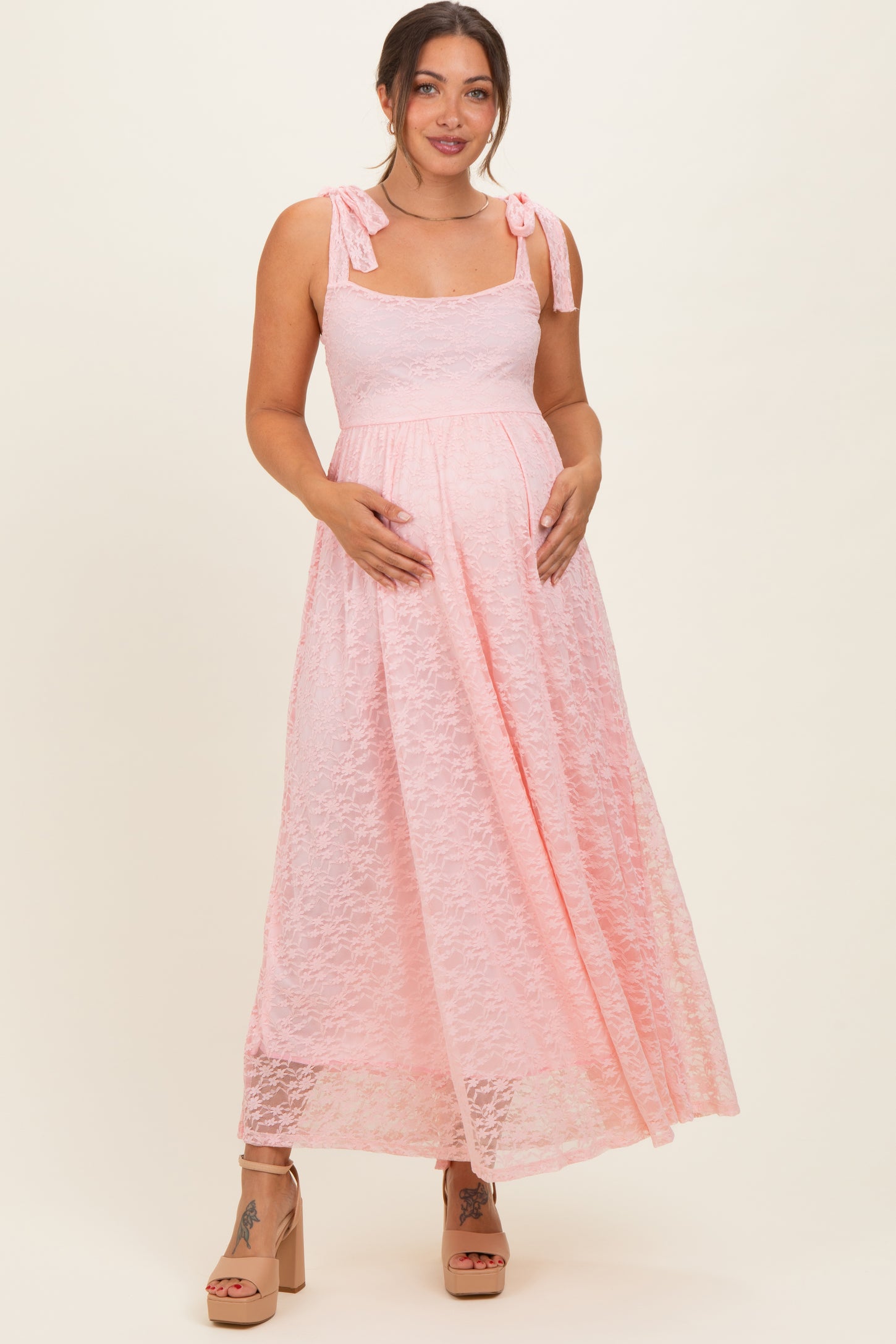womens pink lace dress Light Pink Sleeveless Lace Maternity Maxi Dress