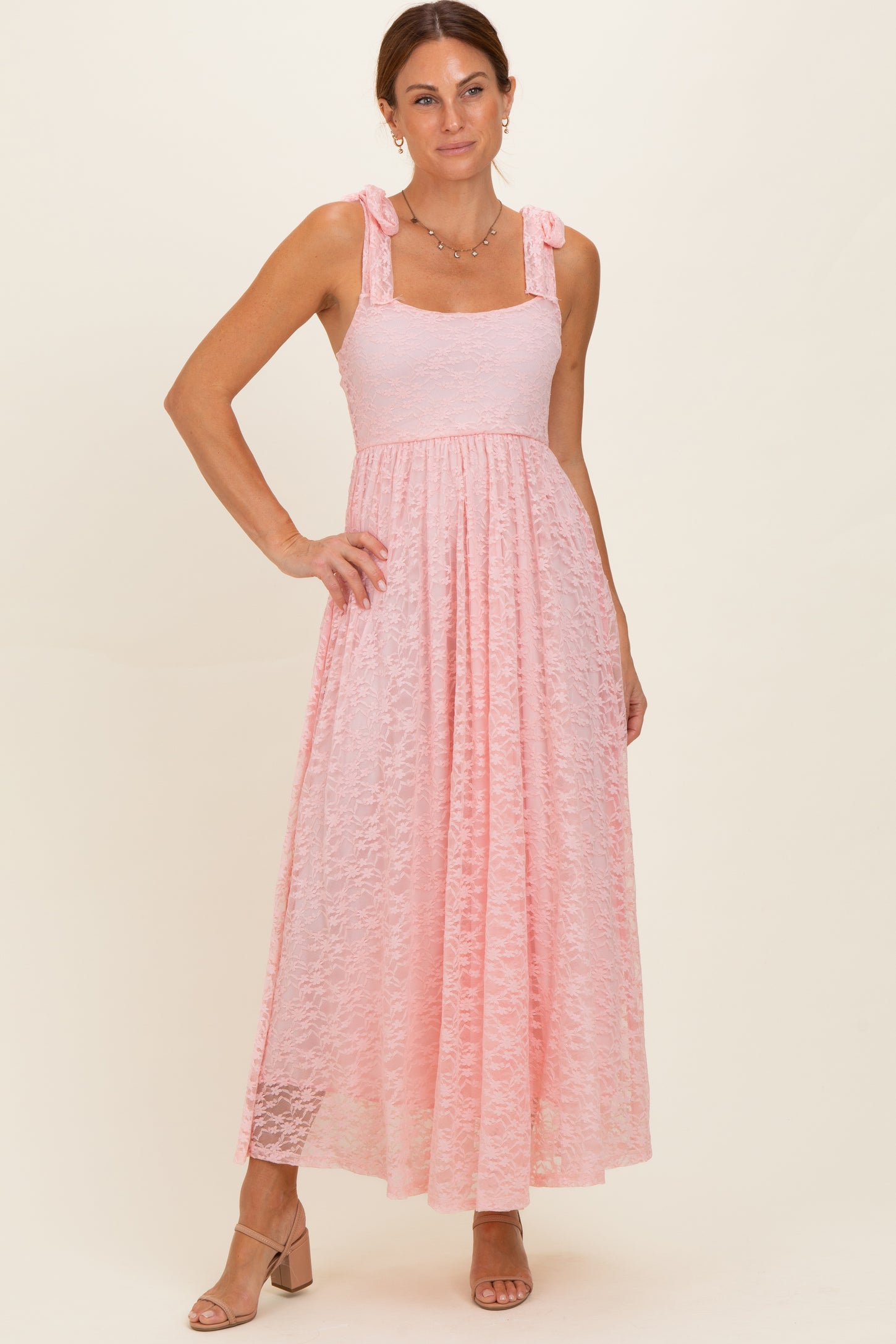 Light Pink Sleeveless Lace Maternity Maxi Dress
